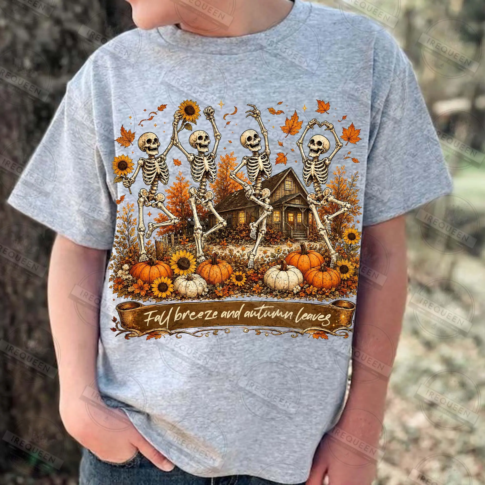 Comfort Colors Skeleton Fall T-Shirt, Pumpkin Spice Autumn Leaves Retro Halloween Graphic Tee - photo 4