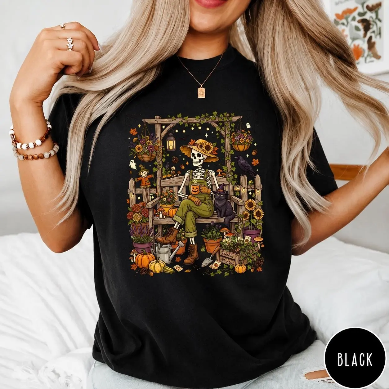 Comfort Colors Skeleton Gardener Sweatshirt, Freshly Planted Halloween Spooky Season Graphic Crewneck - photo 2