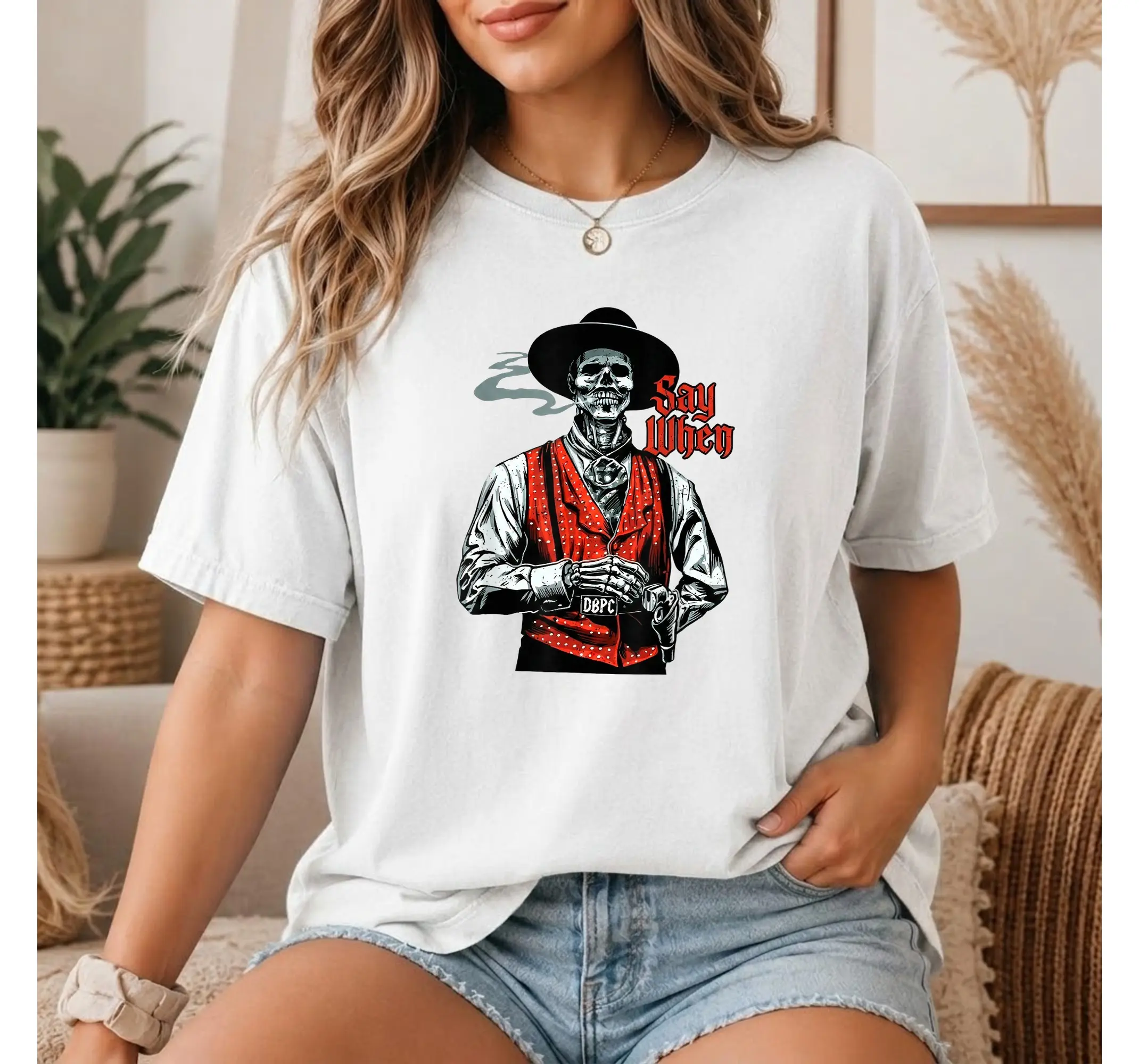 Skeleton Graphic Tee, Funny Skull Say When Vintage Goth Shirt for Halloween