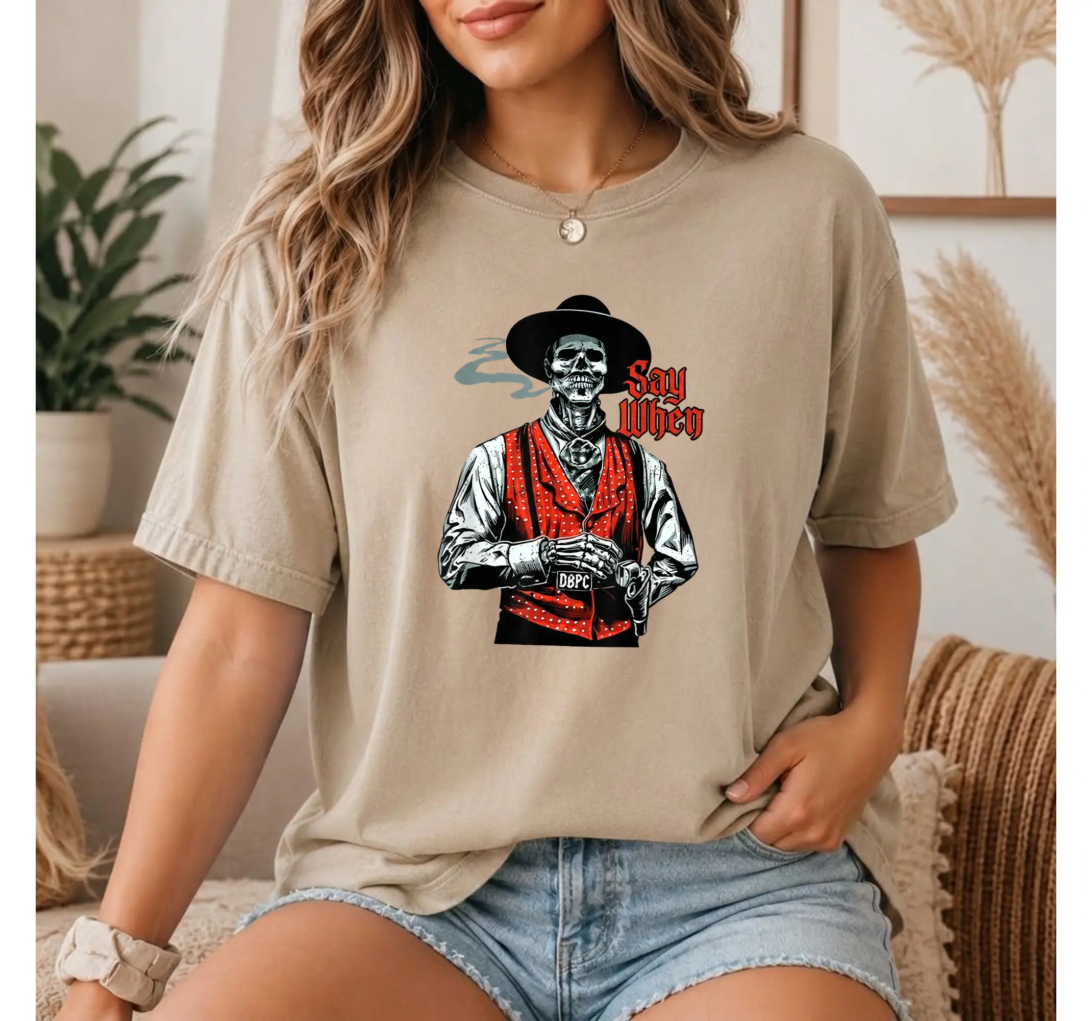 Skeleton Graphic Tee, Funny Skull Say When Vintage Goth Shirt for Halloween - photo 2