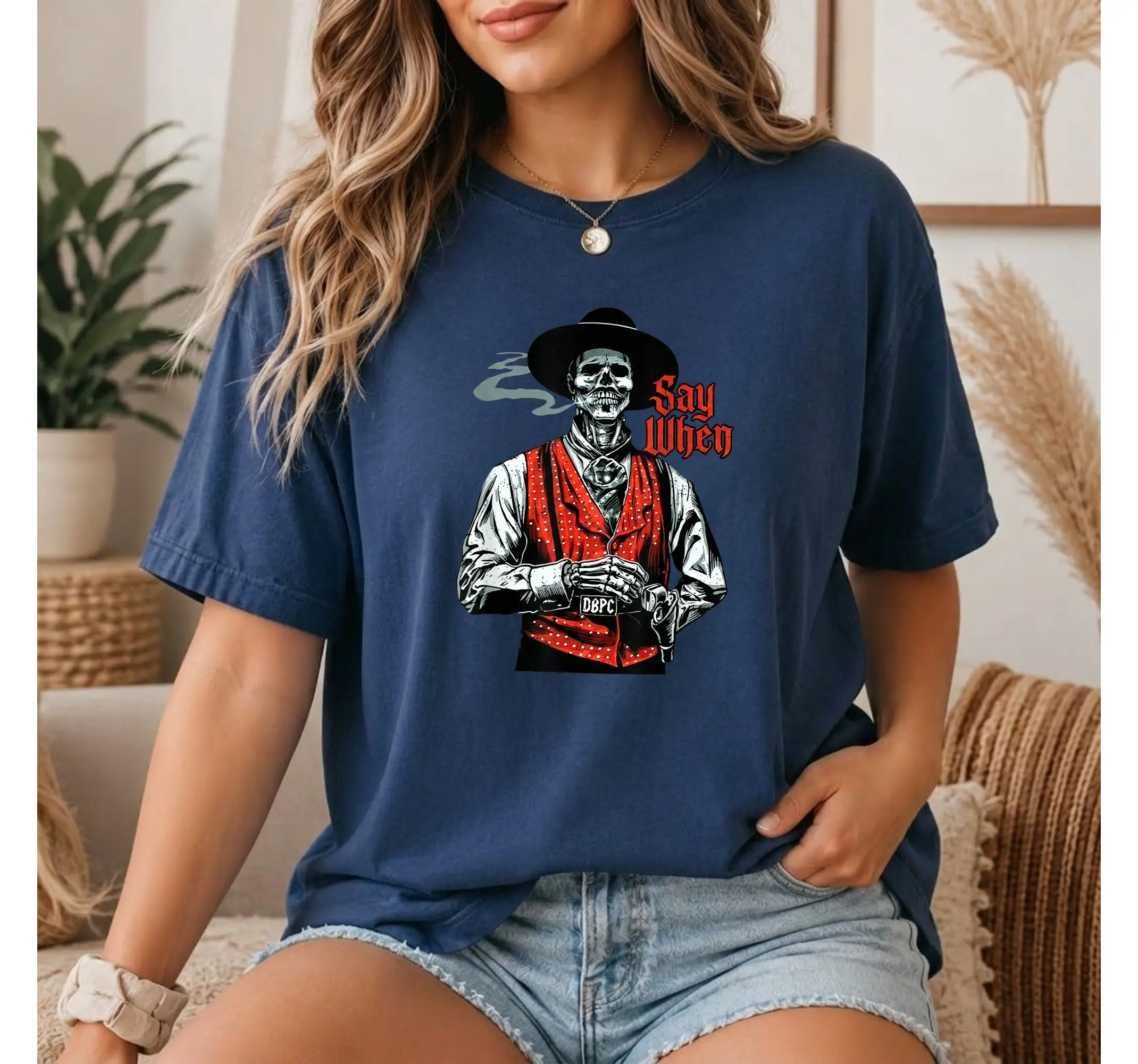 Skeleton Graphic Tee, Funny Skull Say When Vintage Goth Shirt for Halloween - photo 3