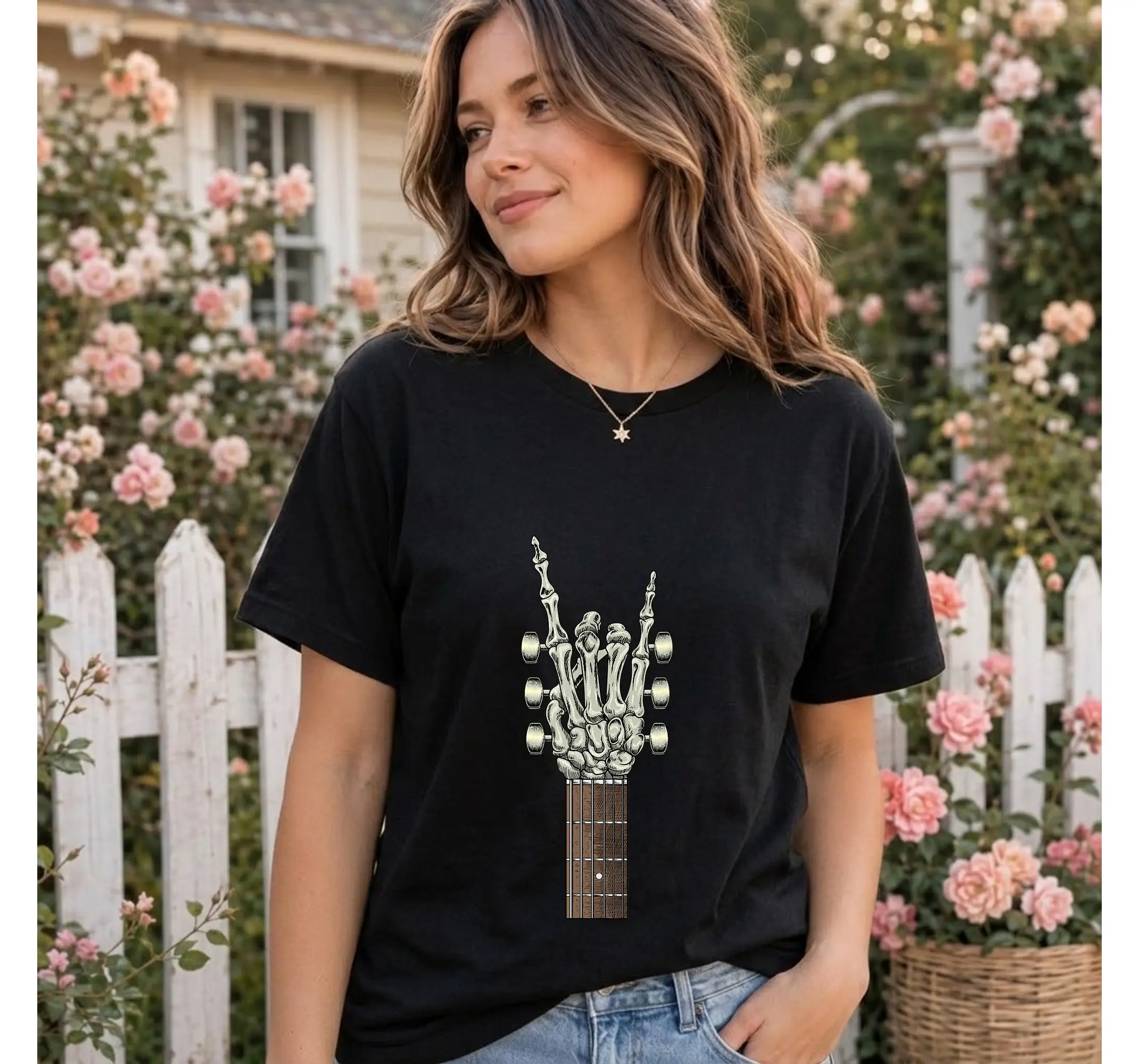 Skeleton Hand Guitar Graphic Tee, Vintage Rock & Roll Music Lover Unisex T-Shirt