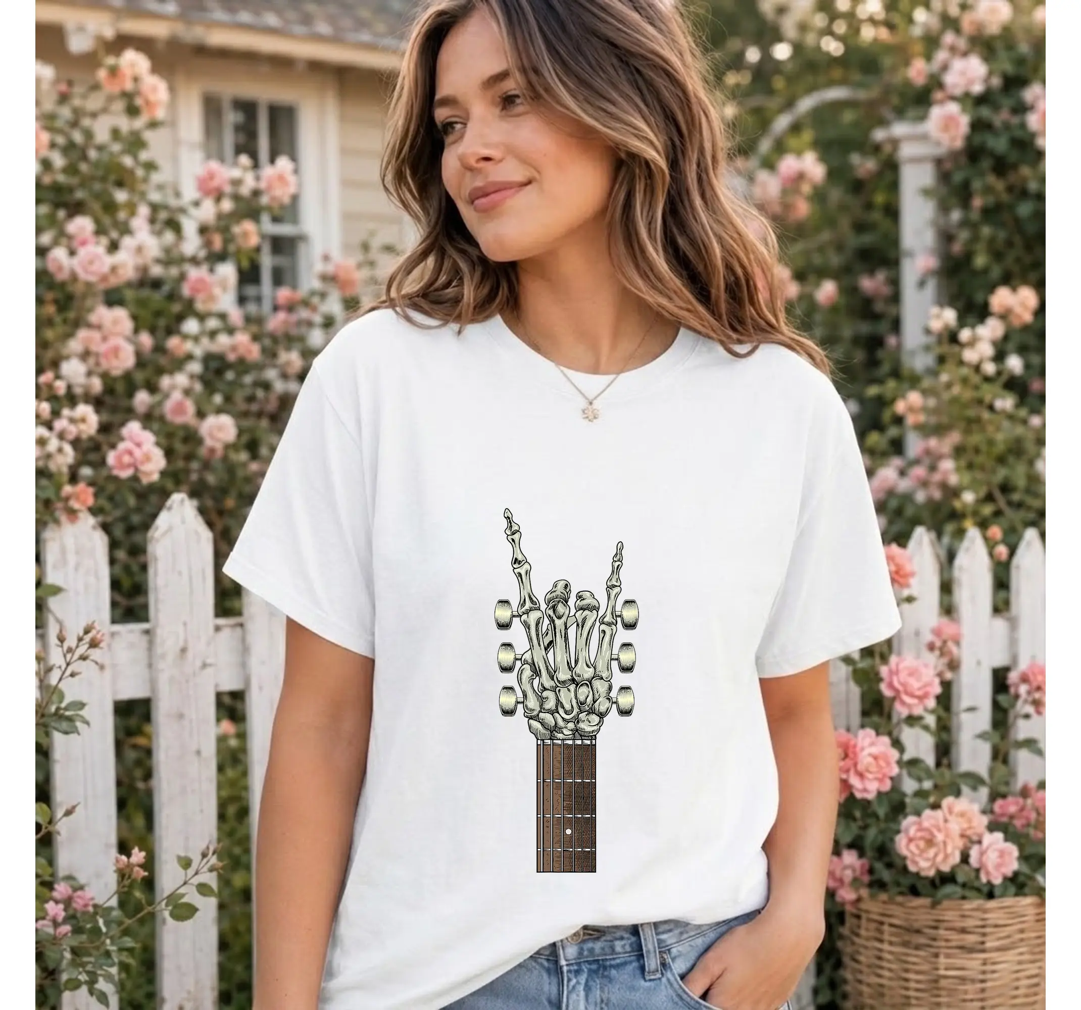 Skeleton Hand Guitar Graphic Tee, Vintage Rock & Roll Music Lover Unisex T-Shirt - photo 2