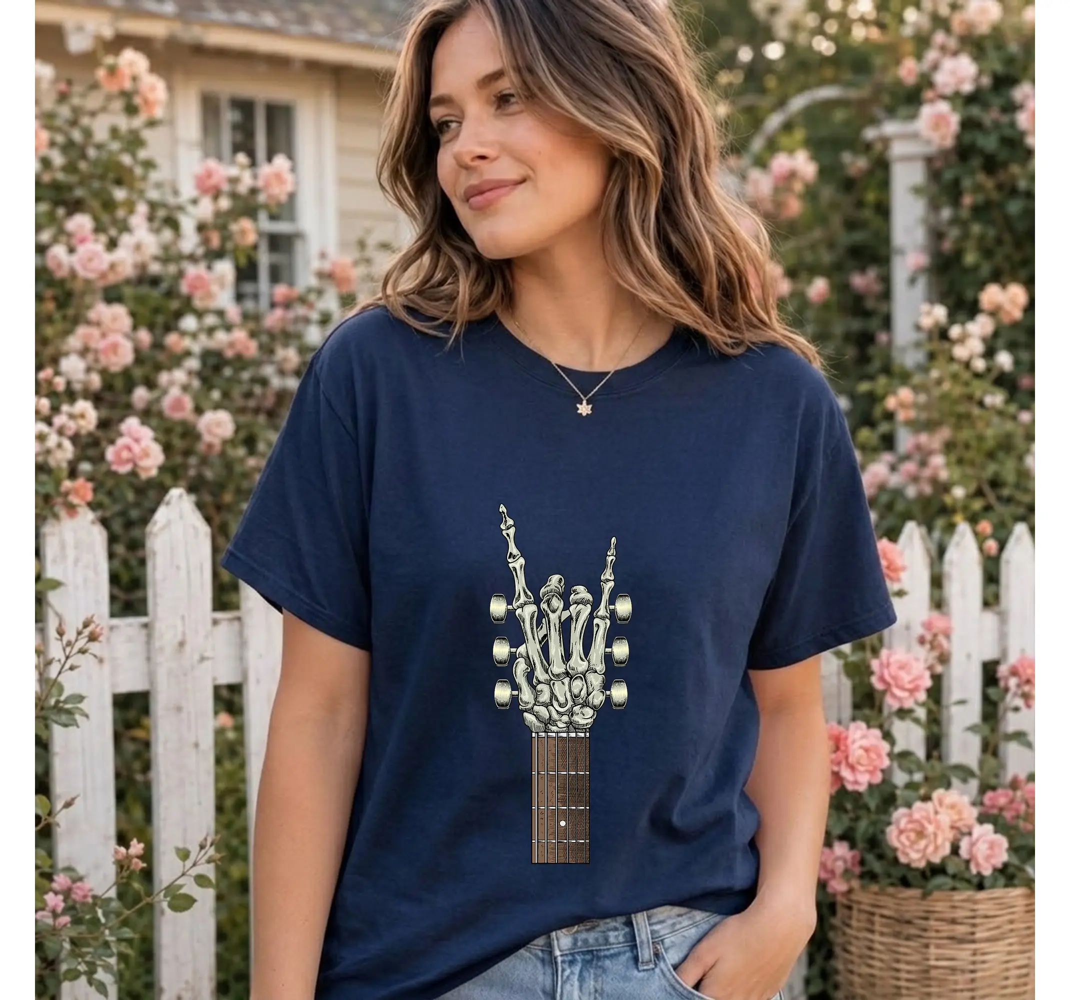 Skeleton Hand Guitar Graphic Tee, Vintage Rock & Roll Music Lover Unisex T-Shirt - photo 3