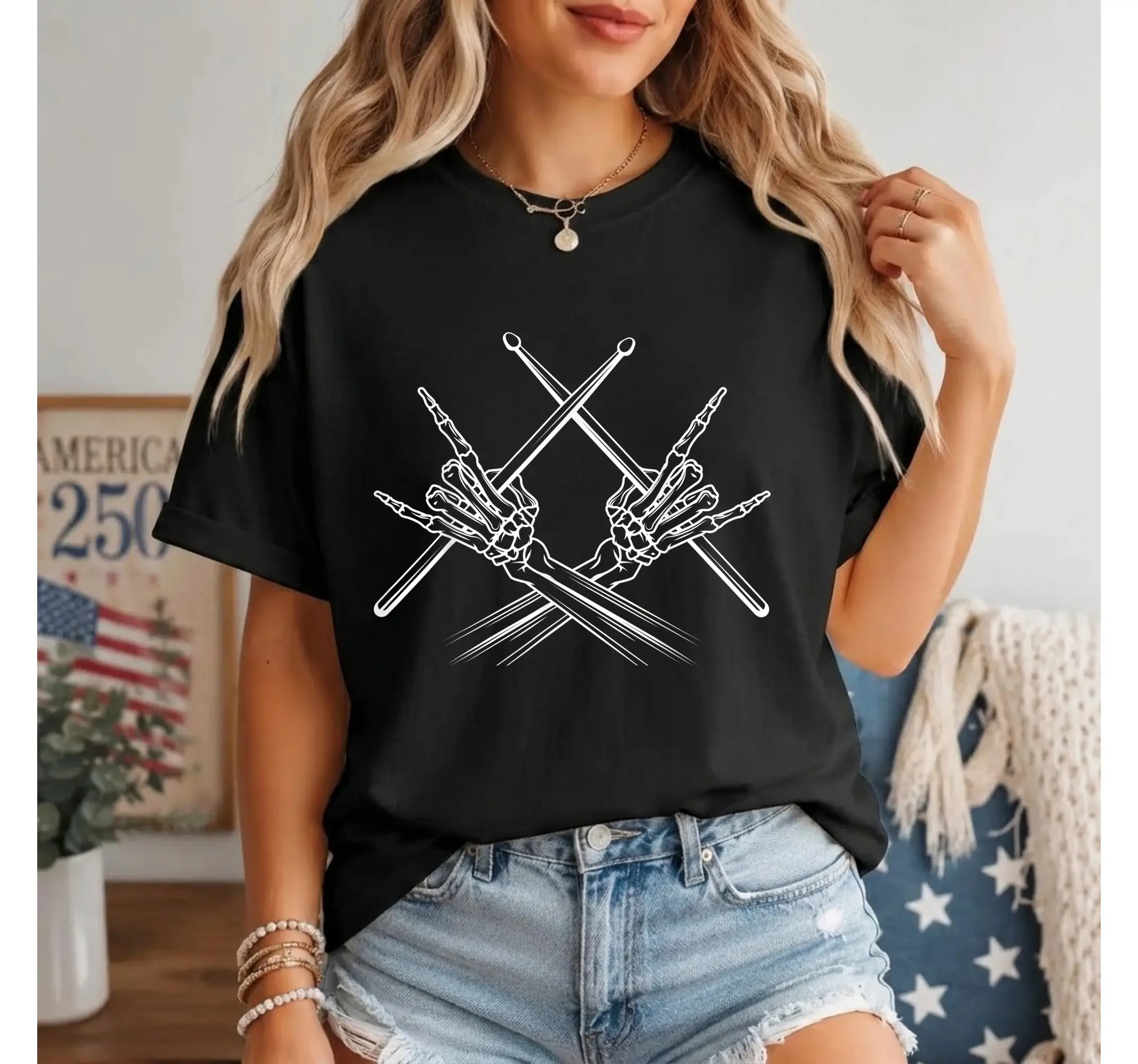Skeleton Hand Rock Sign Drummer Graphic Tee, Heavy Metal Band Music Shirt