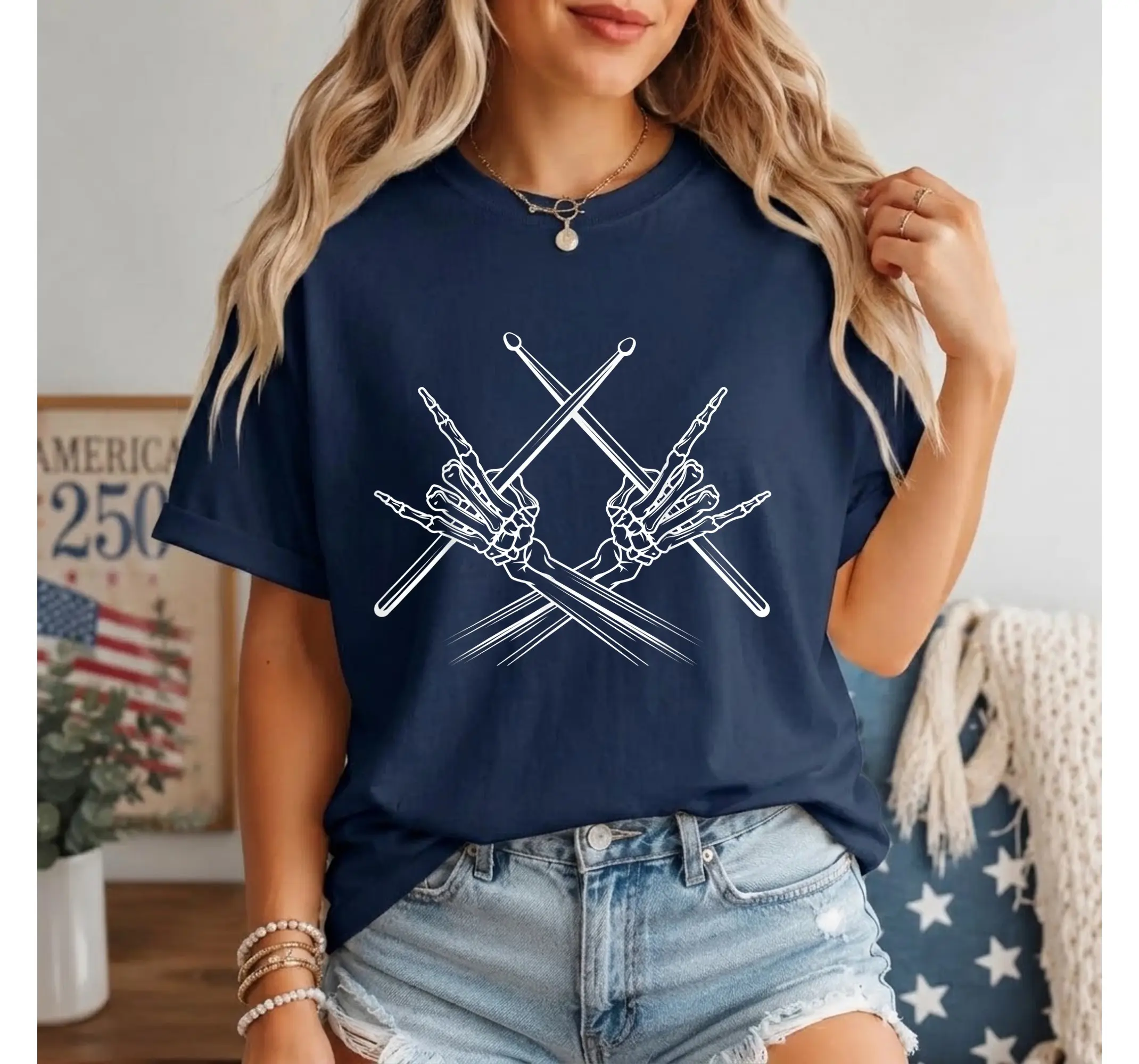 Skeleton Hand Rock Sign Drummer Graphic Tee, Heavy Metal Band Music Shirt - photo 2