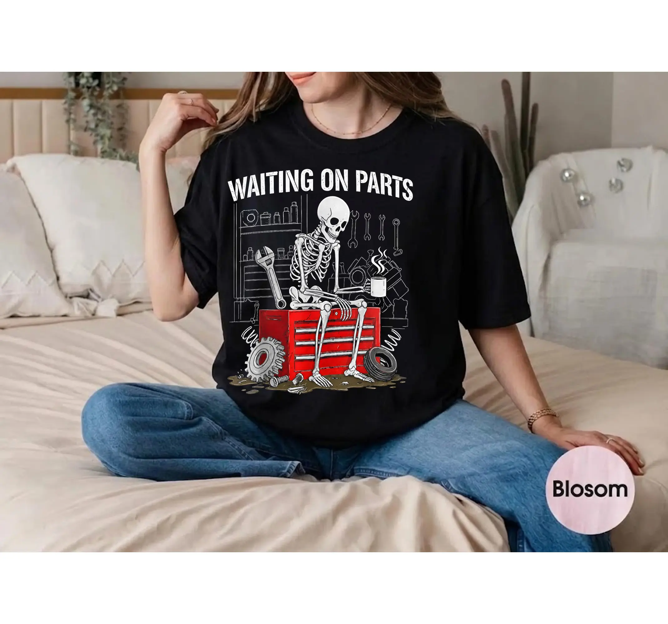 Skeleton Mechanic Shirt, Funny Auto Repair Waiting On Parts Tee, Car Guy Garage Technician Gift