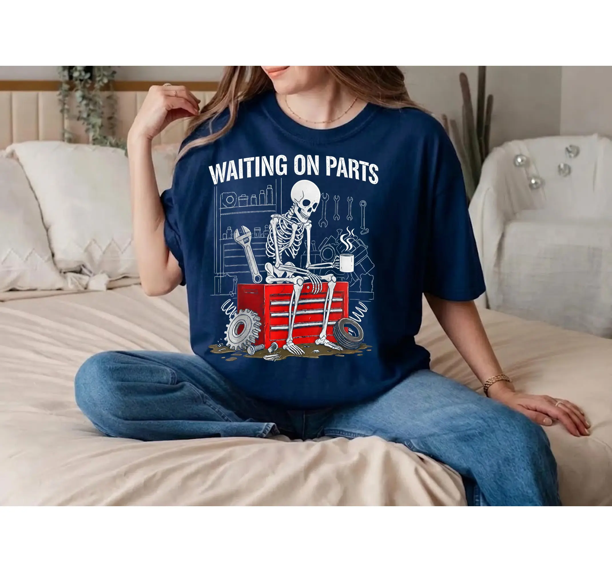 Skeleton Mechanic Shirt, Funny Auto Repair Waiting On Parts Tee, Car Guy Garage Technician Gift - photo 3