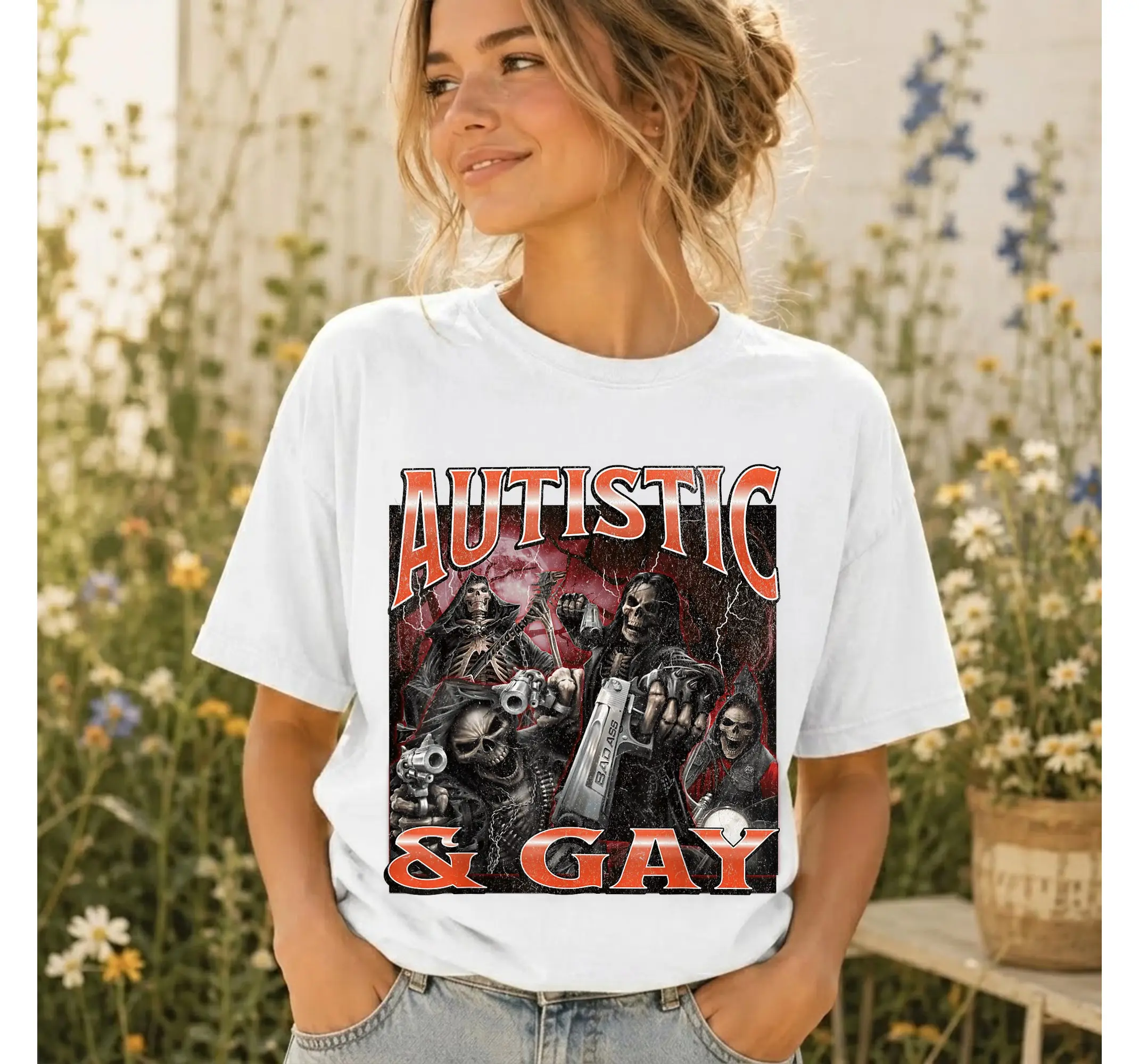 Skeleton Meme Shirt, Funny Autistic Gay Pride Humor Vintage Bootleg Graphic Tee - photo 2