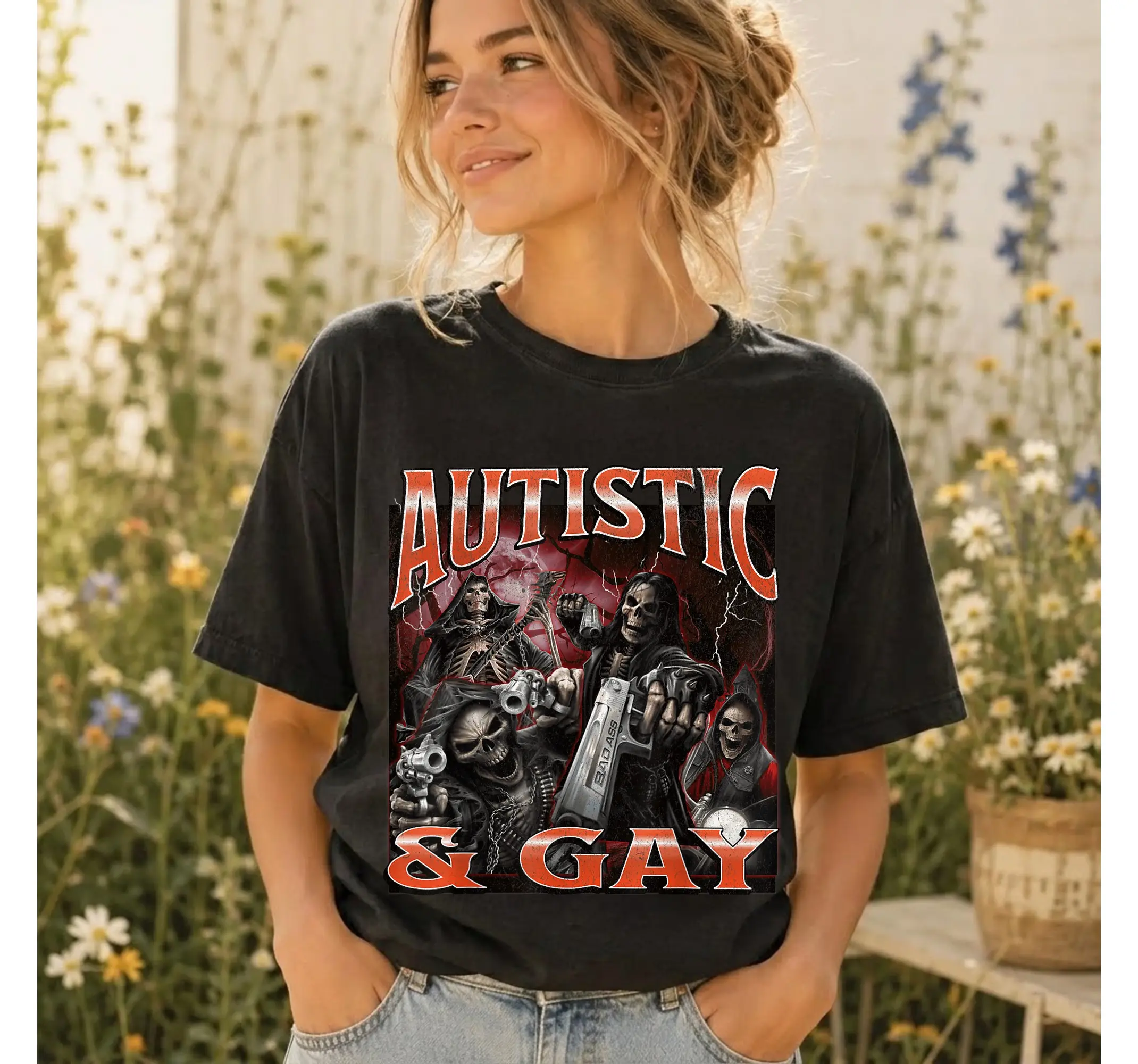 Skeleton Meme Shirt, Funny Autistic Gay Pride Humor Vintage Bootleg Graphic Tee - photo 3