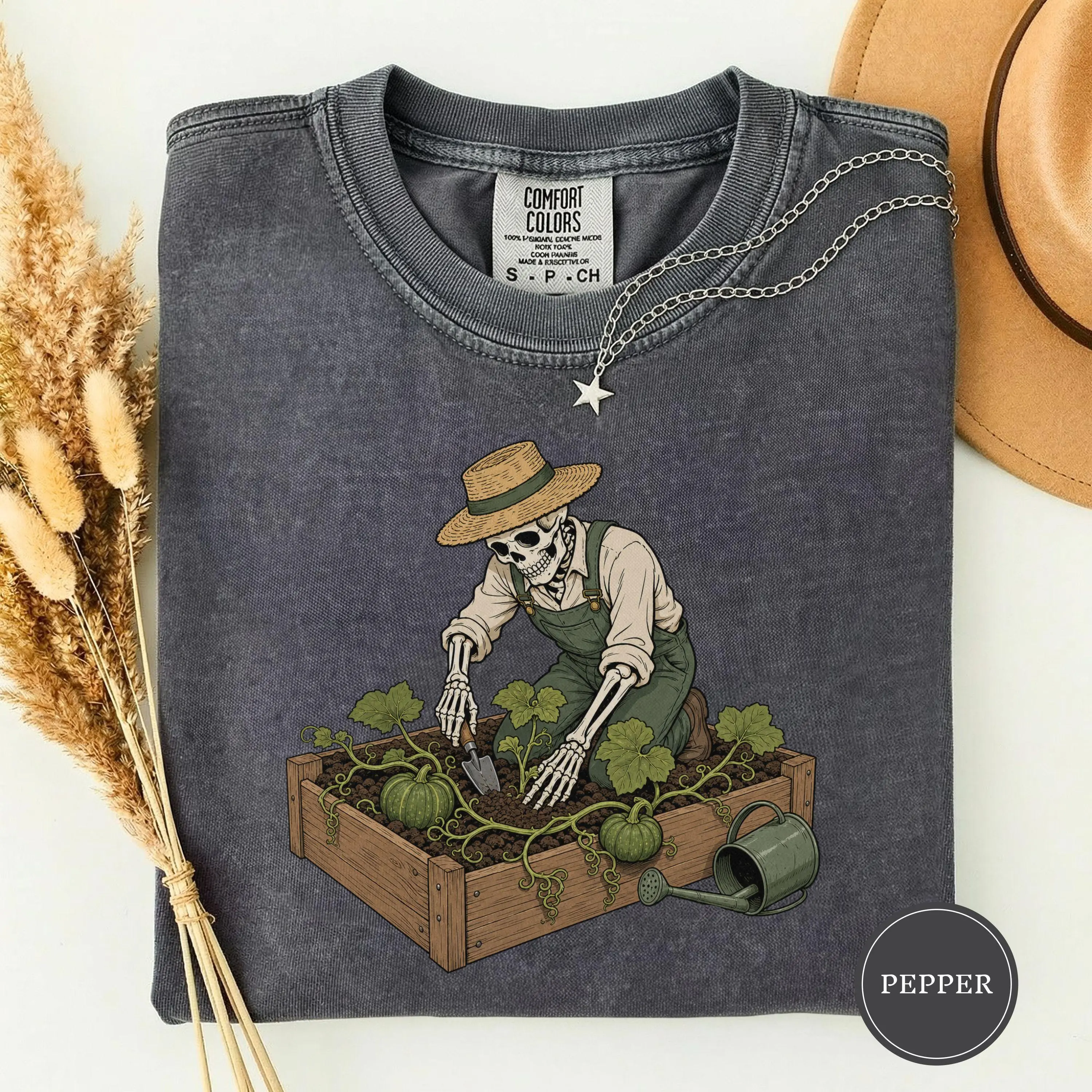 Skeleton Planting A Pumpkin Vine Shirt, Vintage Garden Art Spooky Gardener Halloween Fall Season Gift