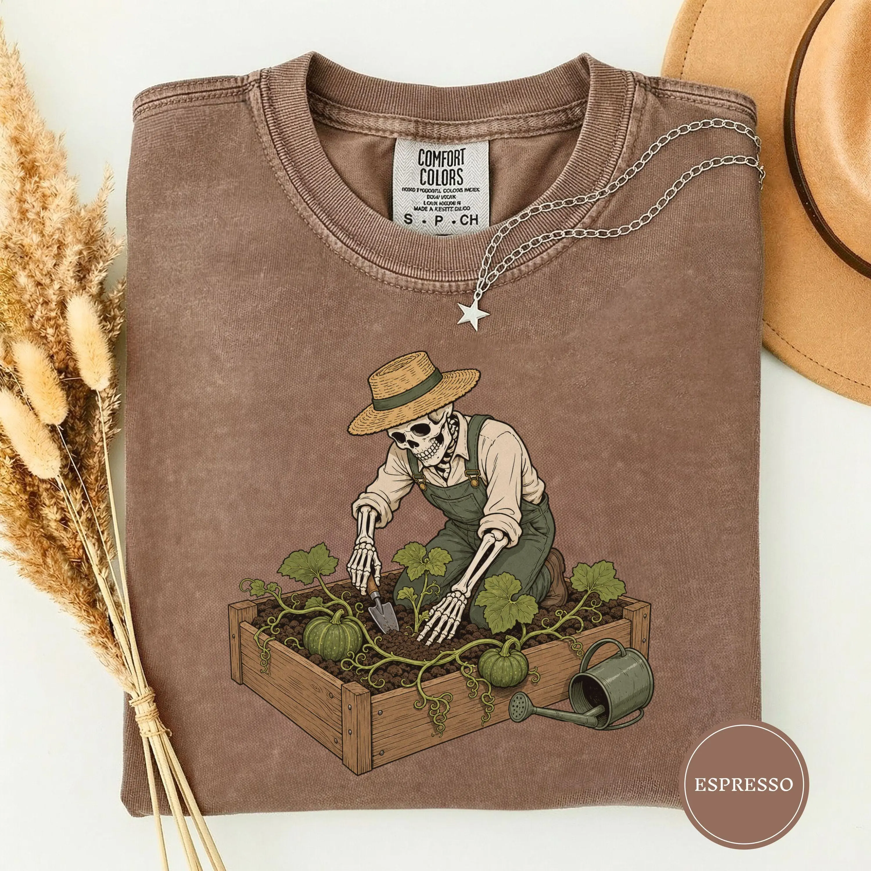 Skeleton Planting A Pumpkin Vine Shirt, Vintage Garden Art Spooky Gardener Halloween Fall Season Gift - photo 3