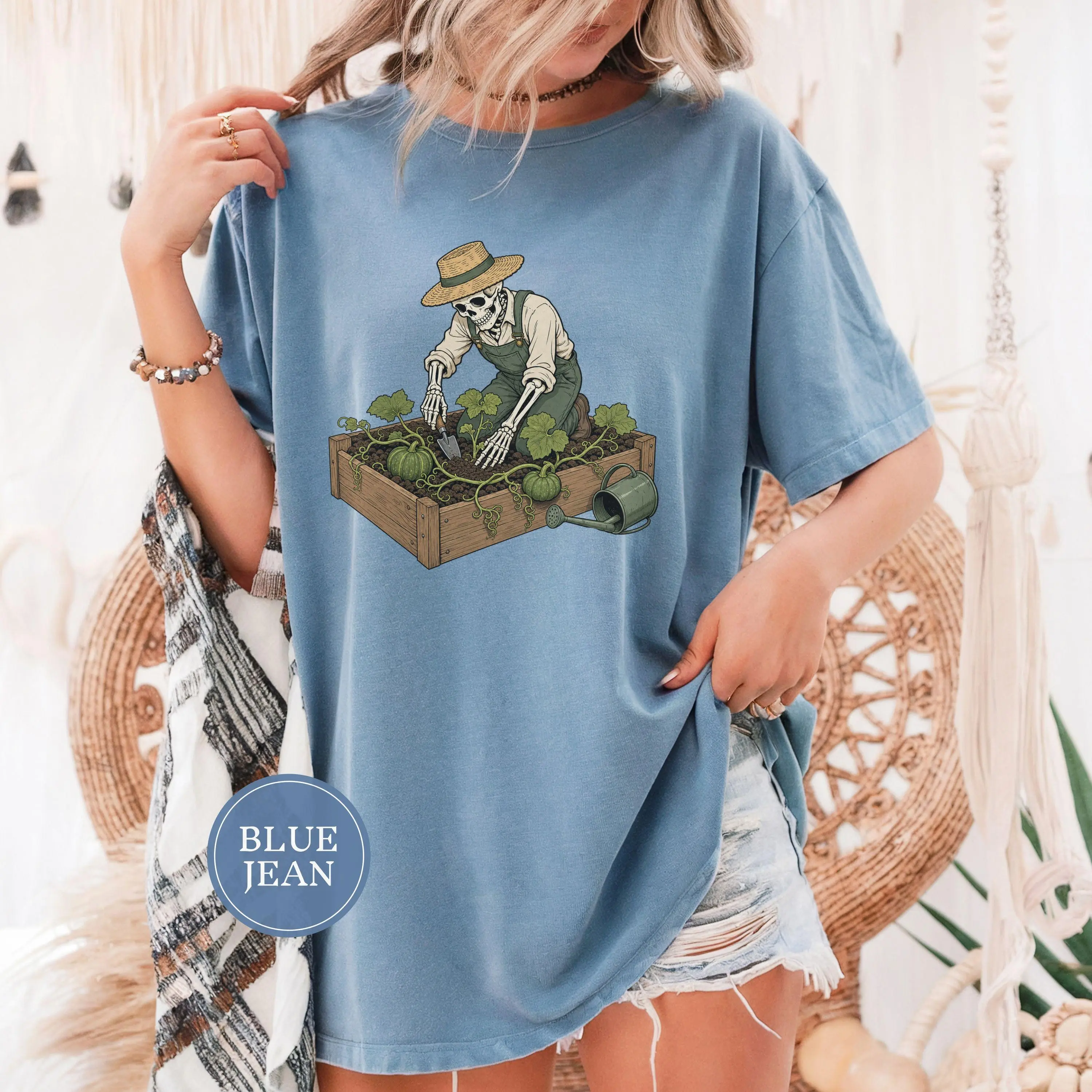 Skeleton Planting A Pumpkin Vine Sweatshirt, Vintage Garden Art Spooky Gardener Halloween Fall Gift - photo 2
