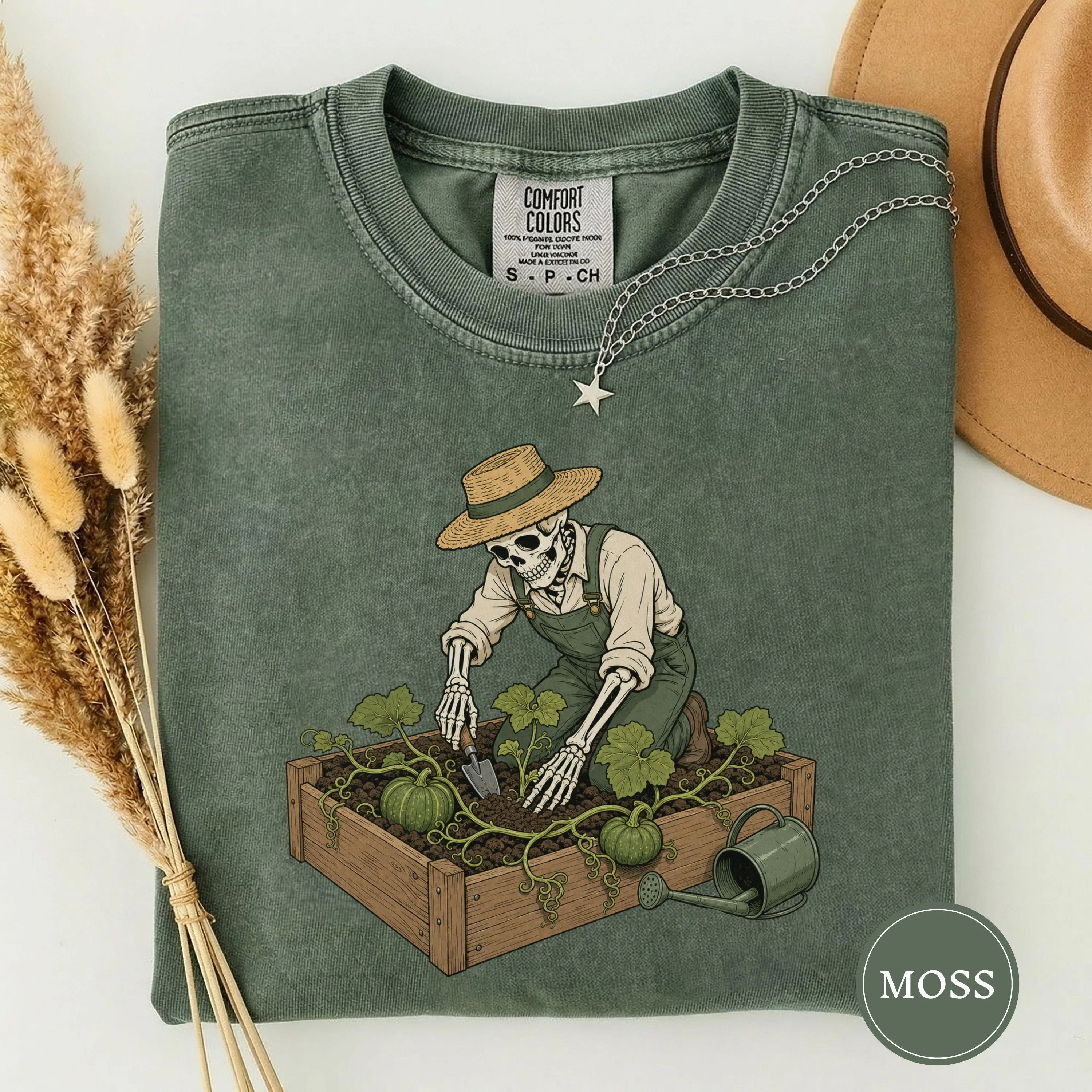 Skeleton Planting A Pumpkin Vine Sweatshirt, Vintage Garden Art Spooky Gardener Halloween Fall Gift - photo 5