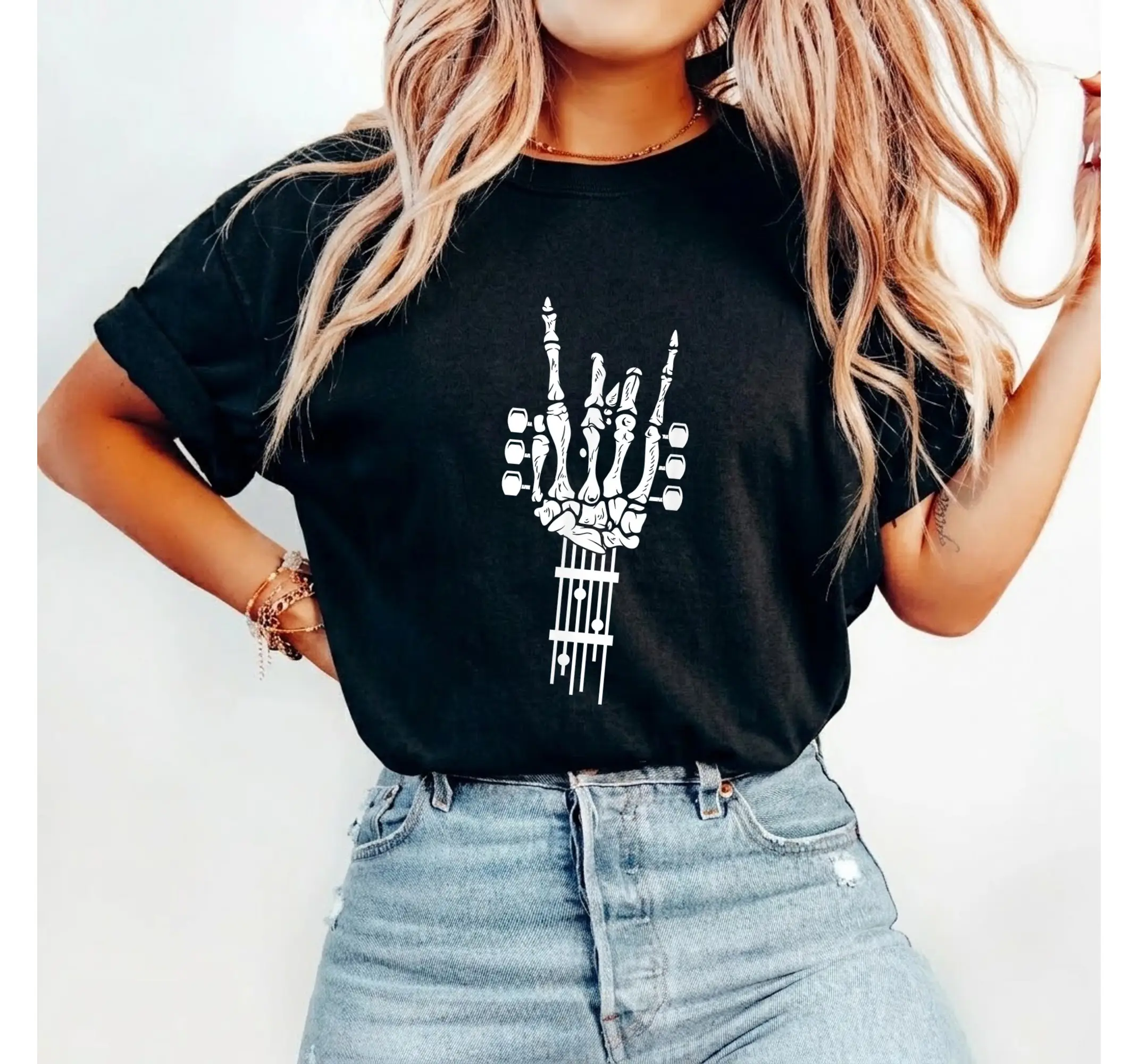 Skeleton Playing Guitar Shirt, Edgy Vintage Rock Graphic Tee Music Lover Gift - photo 2