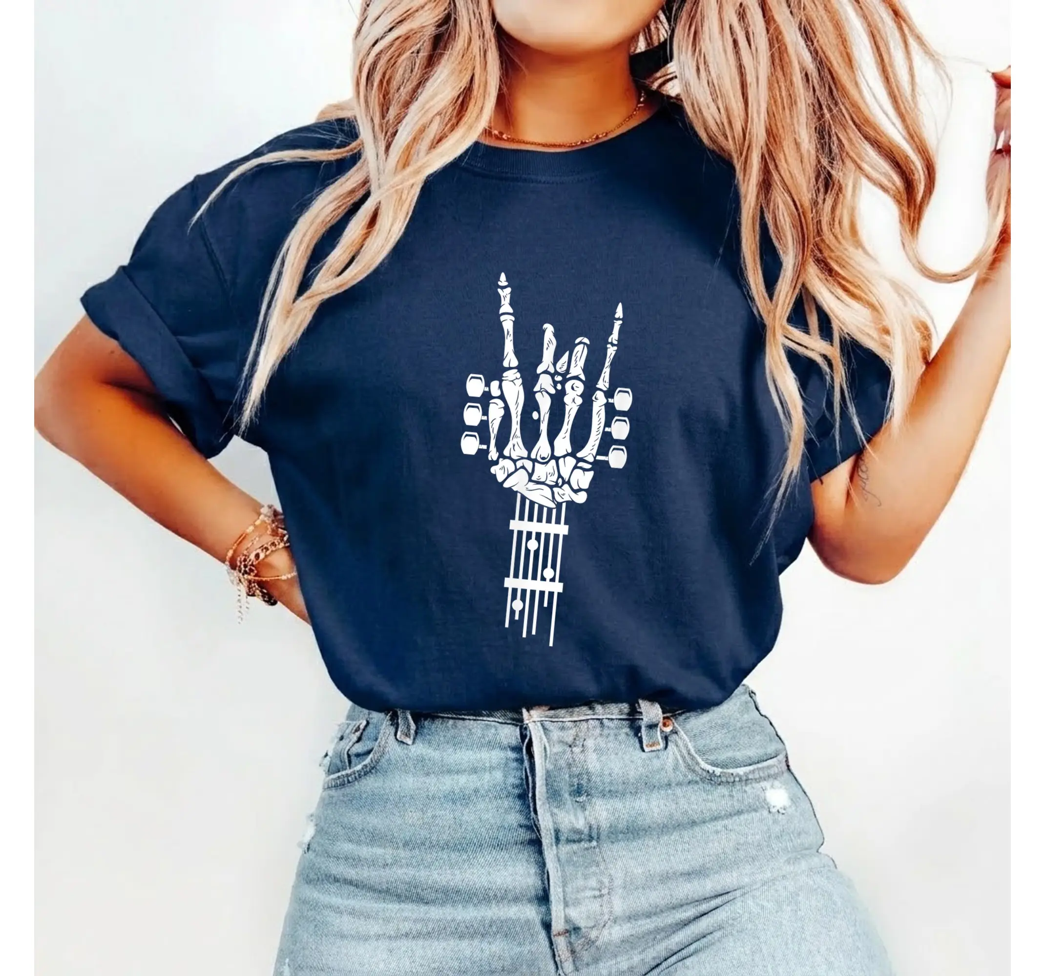 Skeleton Playing Guitar Shirt, Edgy Vintage Rock Graphic Tee Music Lover Gift - photo 3