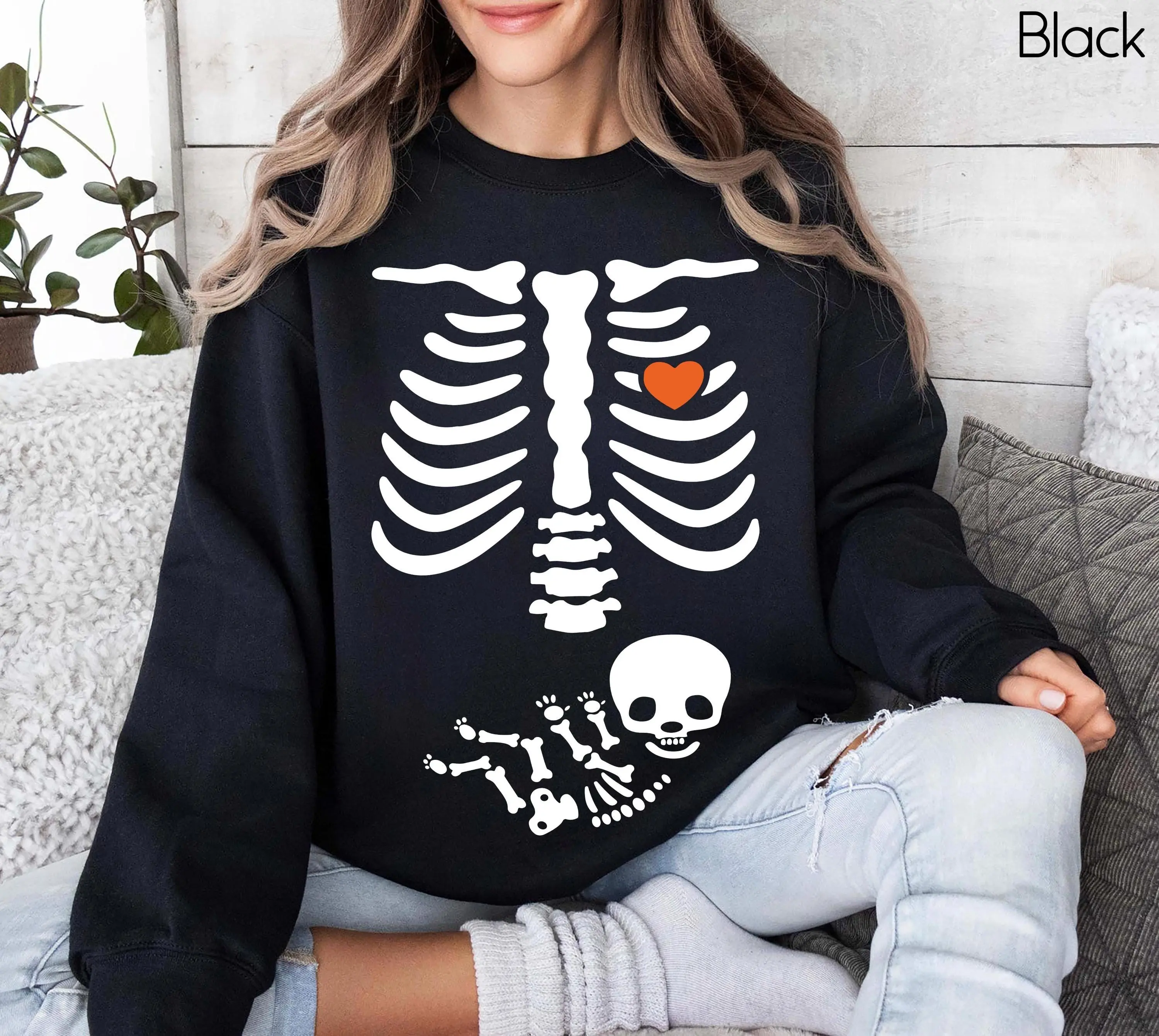 Pregnant Skeleton Halloween Sweatshirt, Maternity Pregnancy Announcement Crewneck, New Baby Boy Gift - photo 1