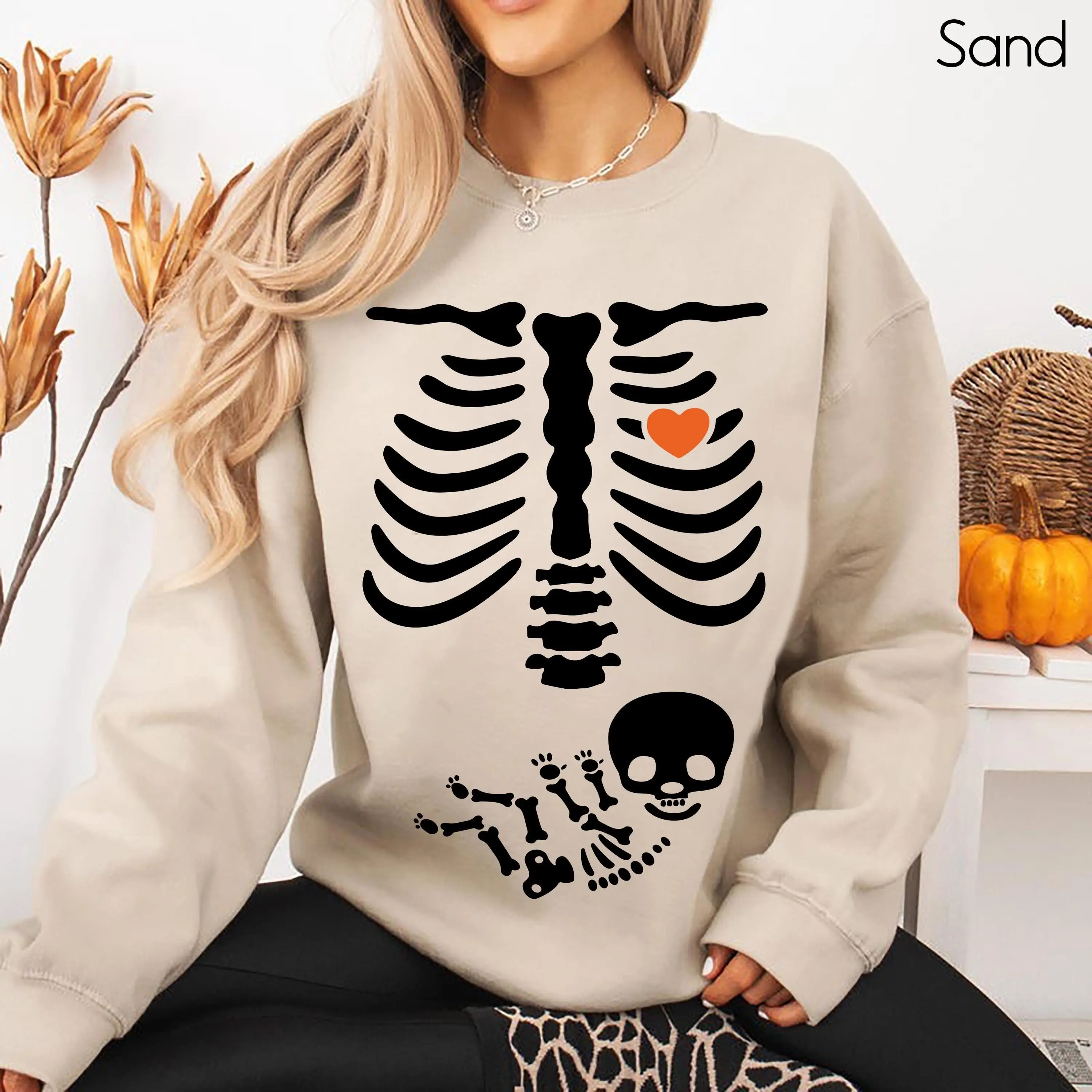 Pregnant Skeleton Halloween Sweatshirt, Maternity Pregnancy Announcement Crewneck, New Baby Boy Gift - photo 2
