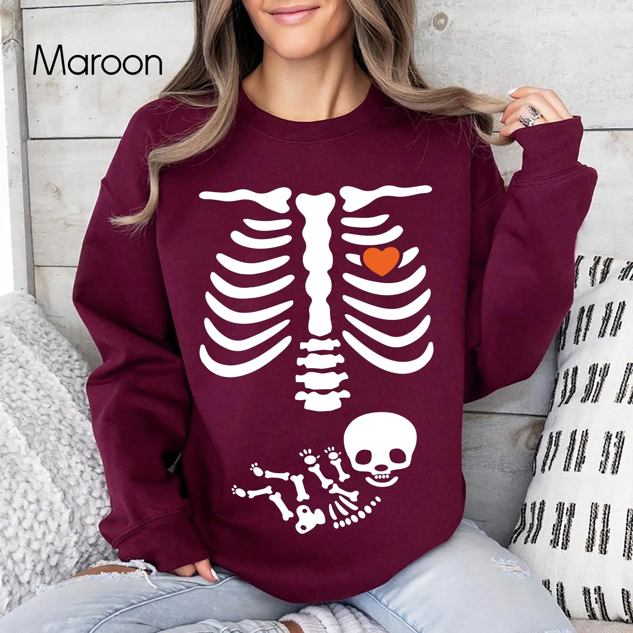 Pregnant Skeleton Halloween Sweatshirt, Maternity Pregnancy Announcement Crewneck, New Baby Boy Gift - photo 3