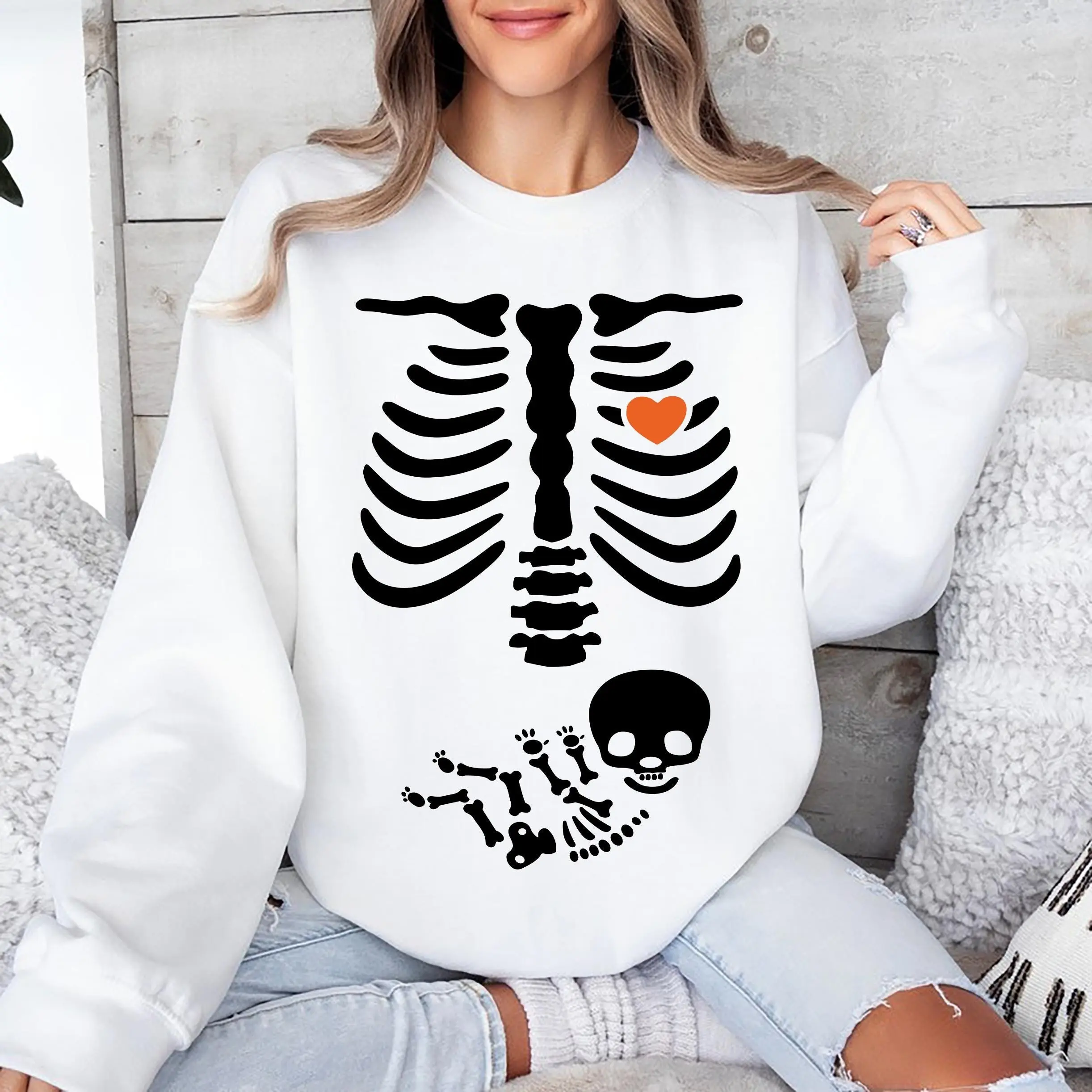 Pregnant Skeleton Halloween Sweatshirt, Maternity Pregnancy Announcement Crewneck, New Baby Boy Gift - photo 4