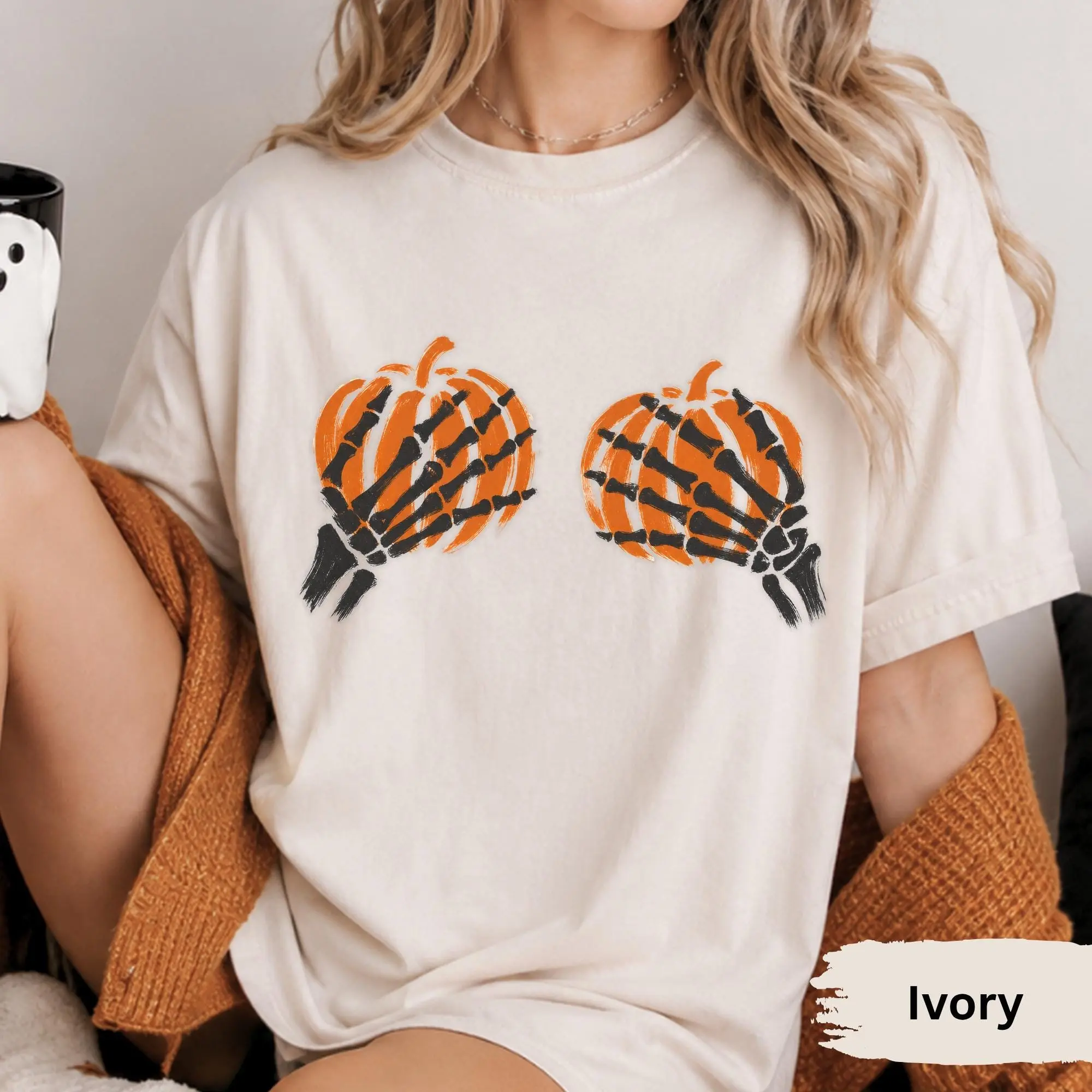 Comfort Colors Skeleton Hands Pumpkin Shirt, Funny Halloween Graphic Tee, Cute Spooky Season Fall Top