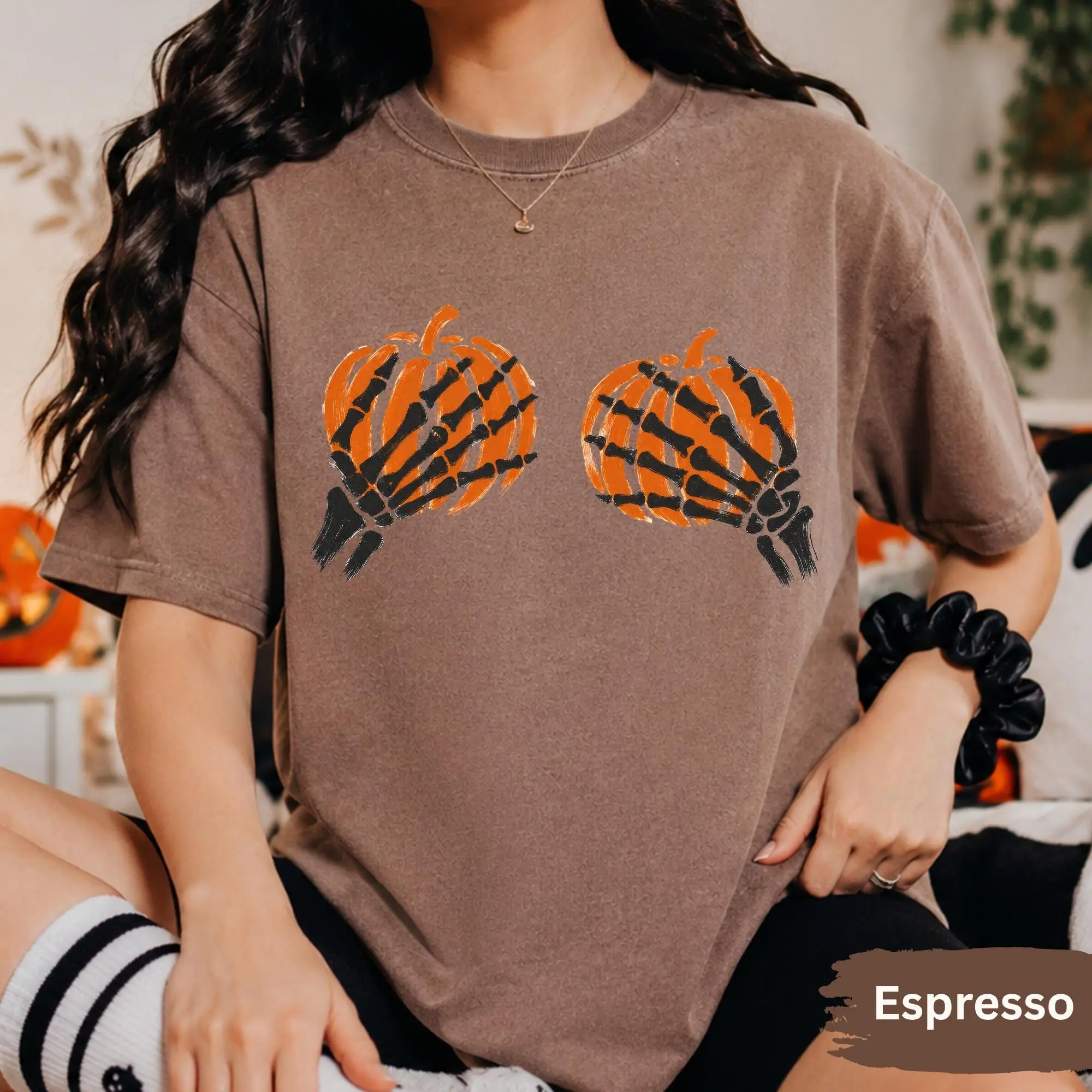 Comfort Colors Skeleton Hands Pumpkin Shirt, Funny Halloween Graphic Tee, Cute Spooky Season Fall Top - photo 2