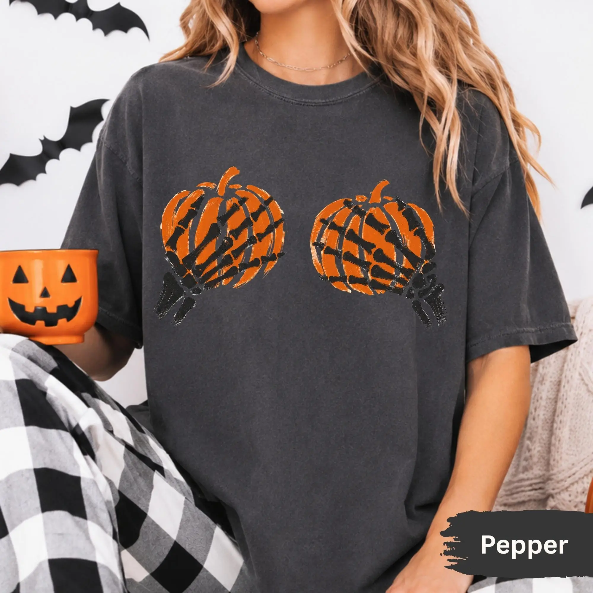 Comfort Colors Skeleton Hands Pumpkin Shirt, Funny Halloween Graphic Tee, Cute Spooky Season Fall Top - photo 3