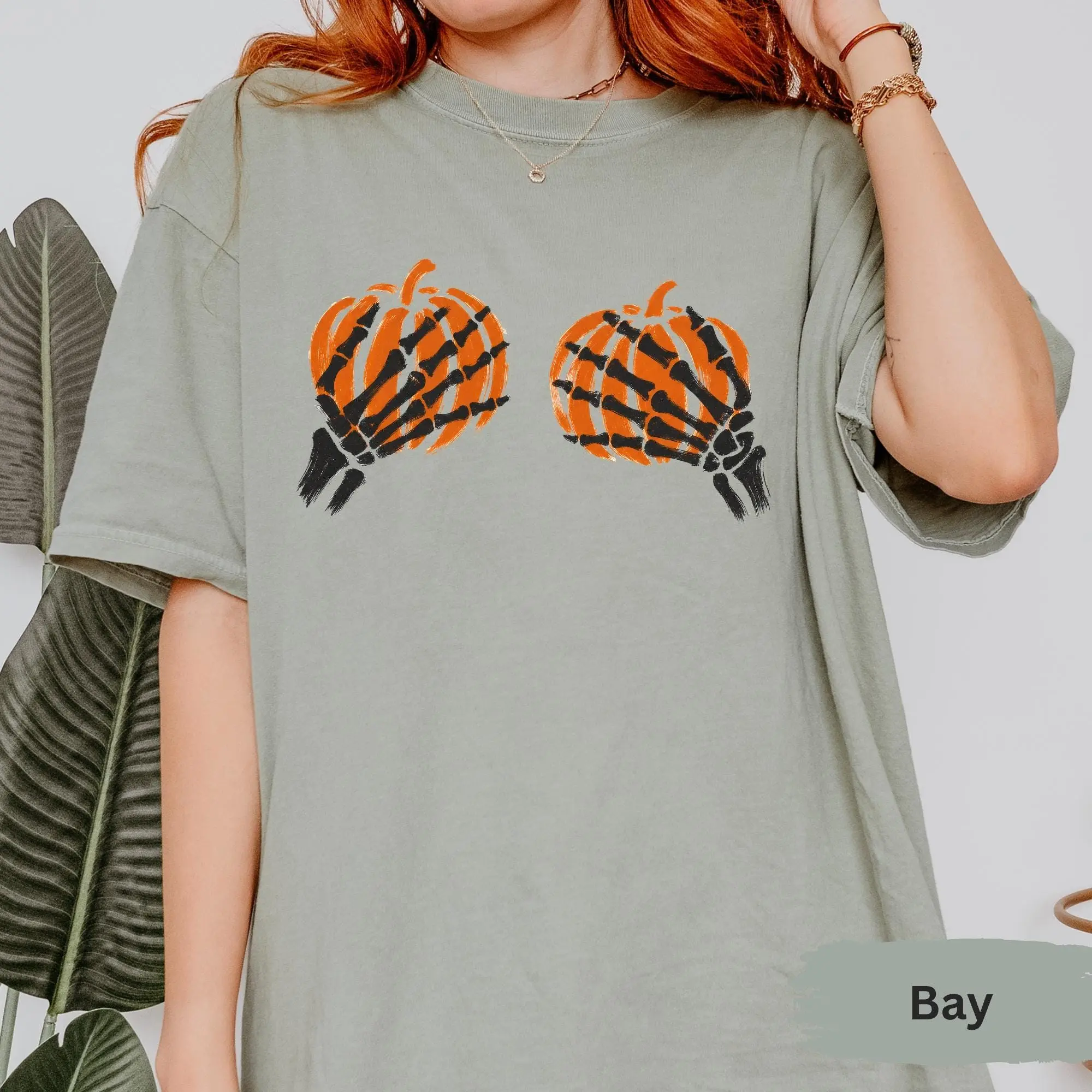 Comfort Colors Skeleton Hands Pumpkin Shirt, Funny Halloween Graphic Tee, Cute Spooky Season Fall Top - photo 4