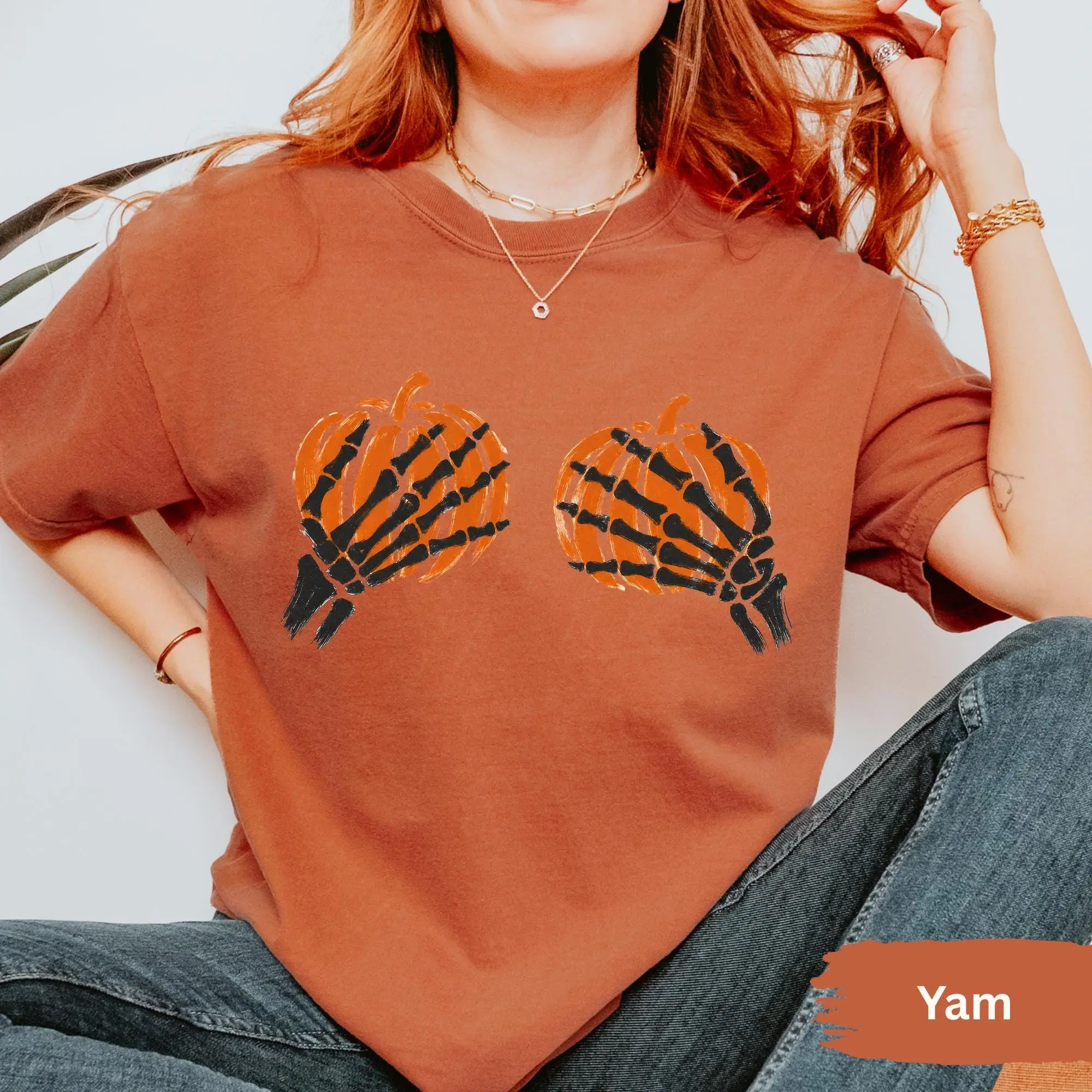 Comfort Colors Skeleton Hands Pumpkin Shirt, Funny Halloween Graphic Tee, Cute Spooky Season Fall Top - photo 5