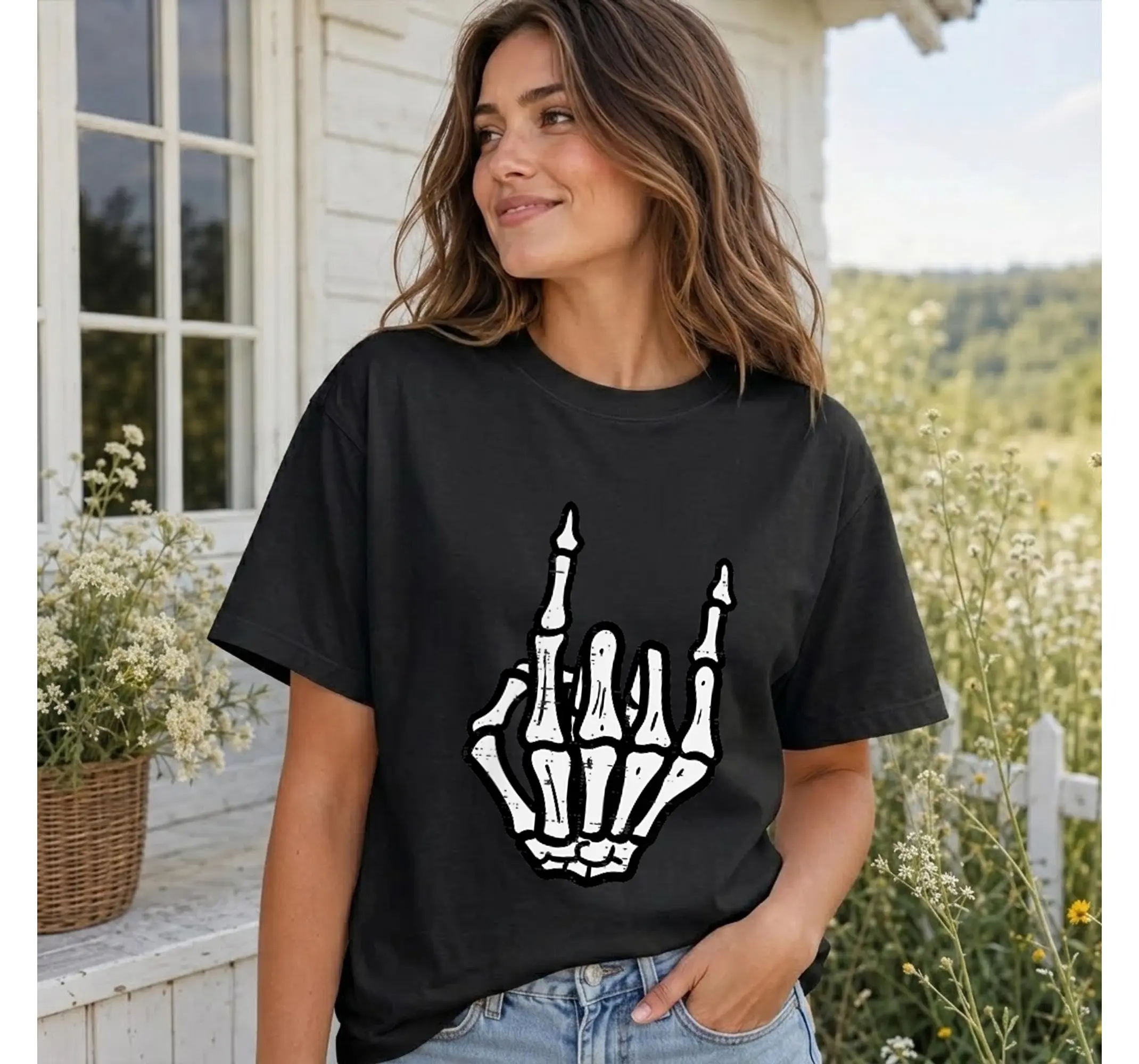 Skeleton Punk Rock Graphic Tee, Edgy Grunge Rocker Halloween Shirt for Men Women Kids