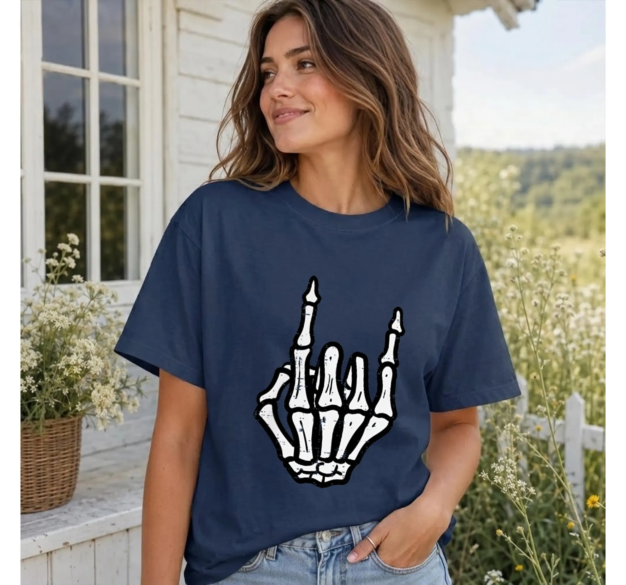Skeleton Punk Rock Graphic Tee, Edgy Grunge Rocker Halloween Shirt for Men Women Kids - photo 2