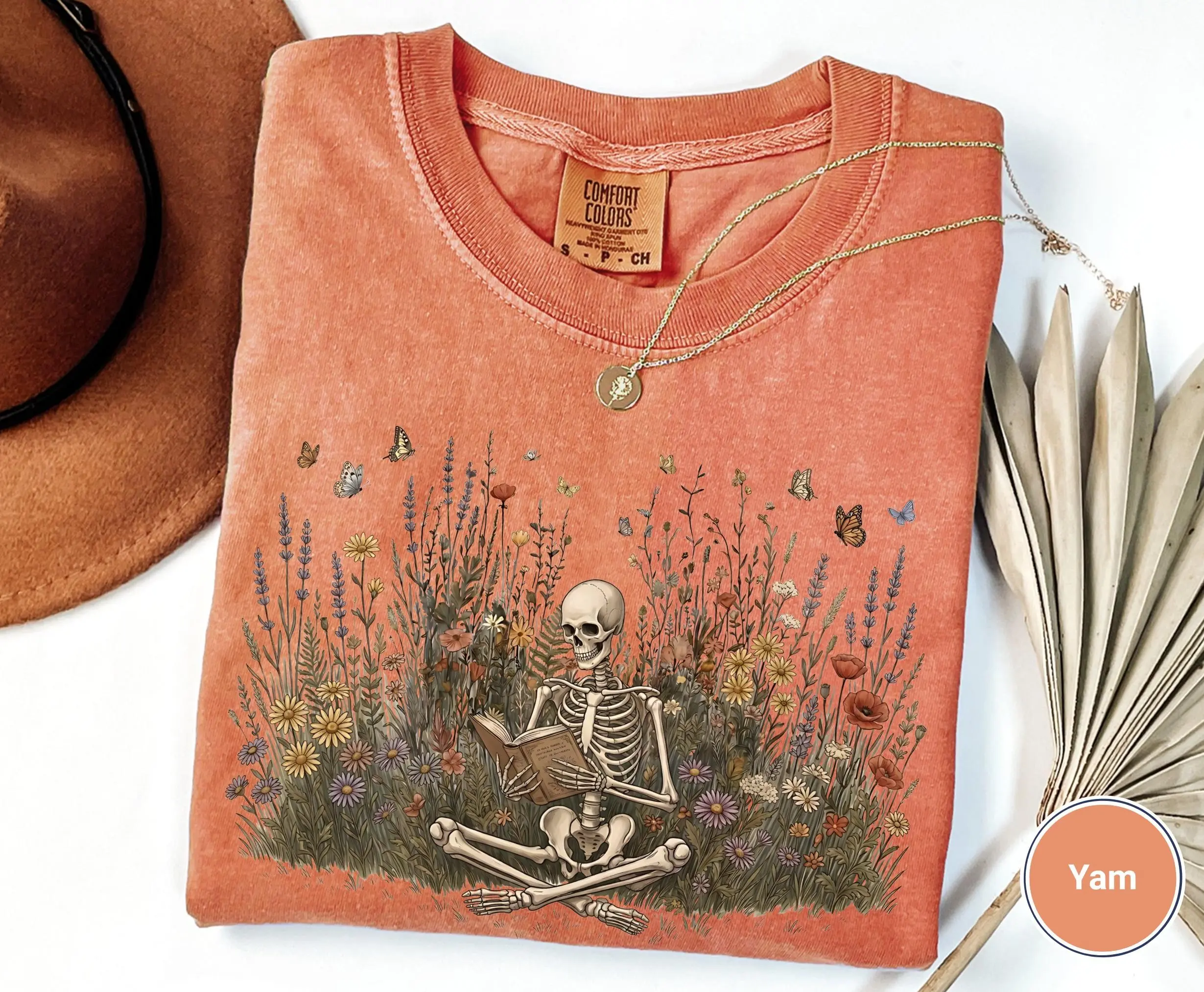 Comfort Colors Skeleton Reading Book Shirt, Botanical Wildflower Cottagecore Dark Academia Vintage Bookish Halloween Tee - photo 2