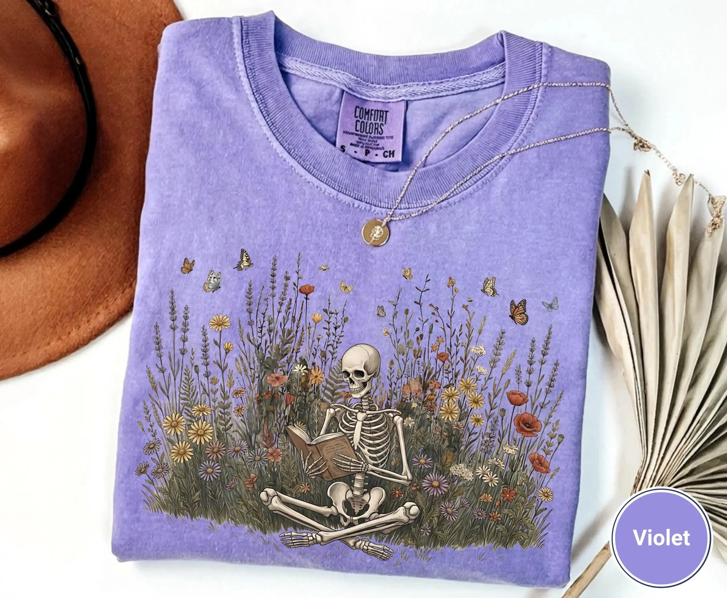 Comfort Colors Skeleton Reading Book Shirt, Botanical Wildflower Cottagecore Dark Academia Vintage Bookish Halloween Tee - photo 3