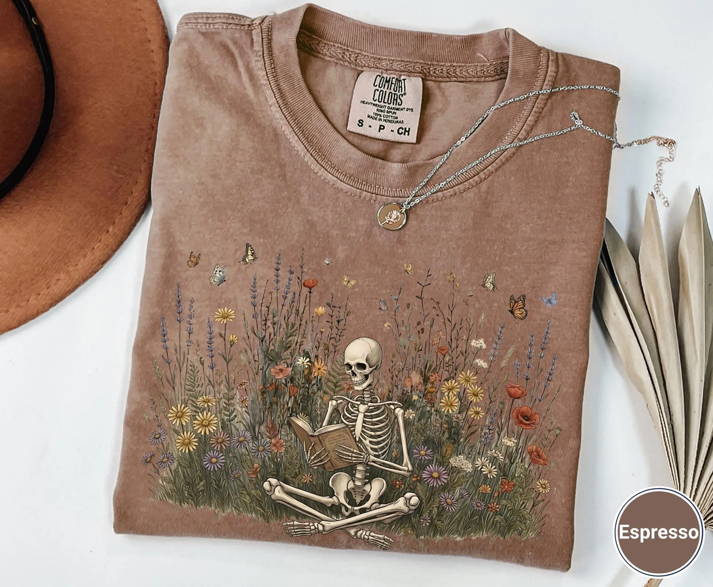 Comfort Colors Skeleton Reading Book Shirt, Botanical Wildflower Cottagecore Dark Academia Vintage Bookish Halloween Tee - photo 4