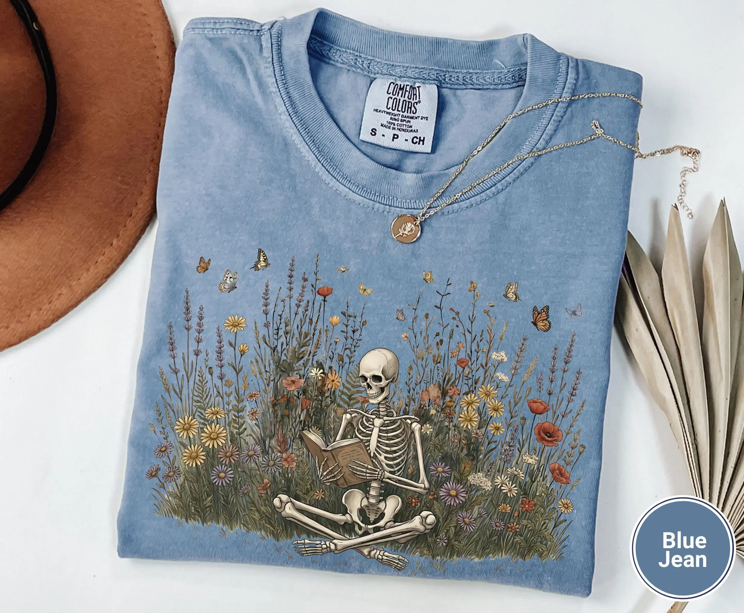 Comfort Colors Skeleton Reading Book Shirt, Botanical Wildflower Cottagecore Dark Academia Vintage Bookish Halloween Tee - photo 5