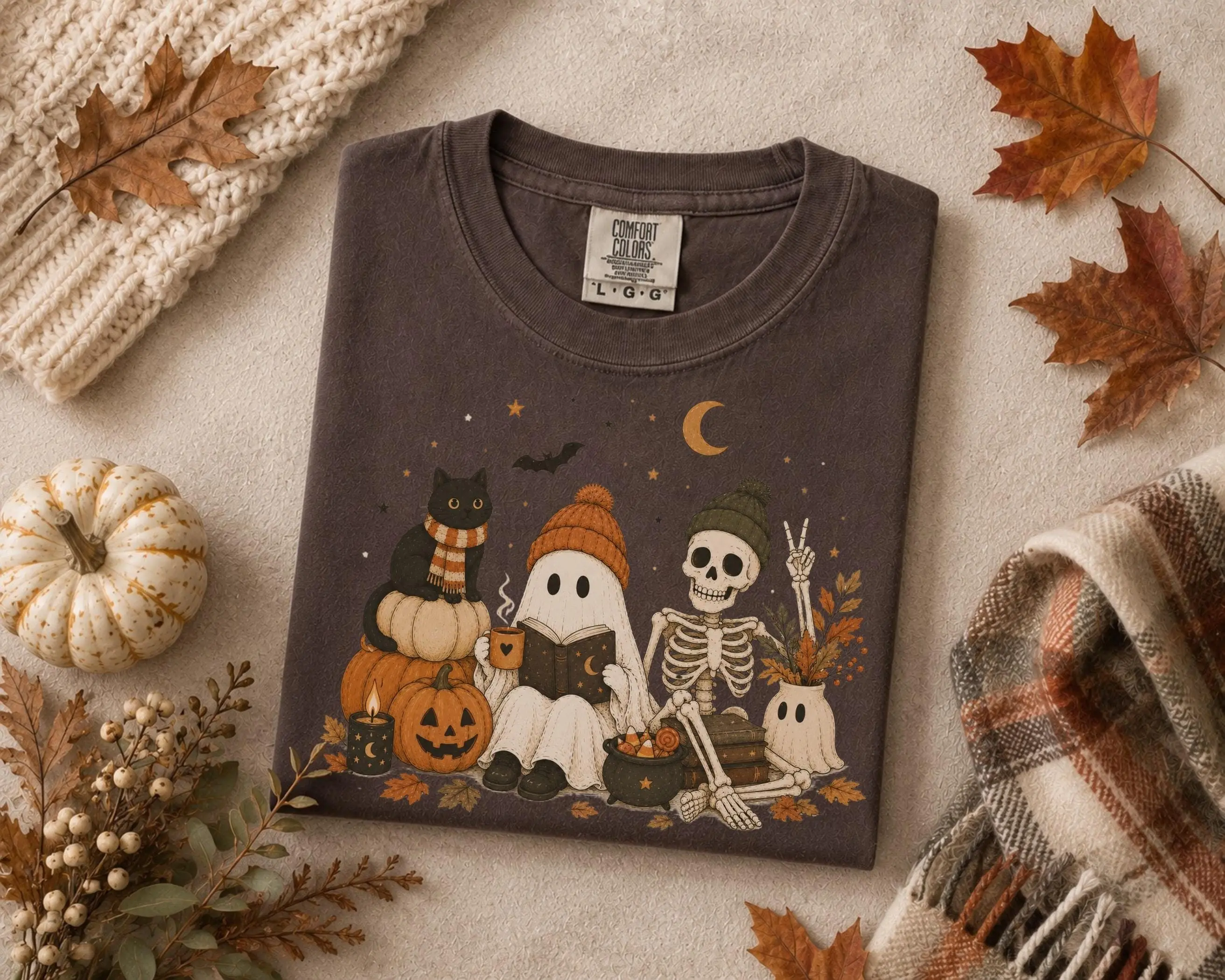 Skeleton Shirt, Ghost Halloween Tee, Cozy Fall Spooky Season Graphic Top - photo 2