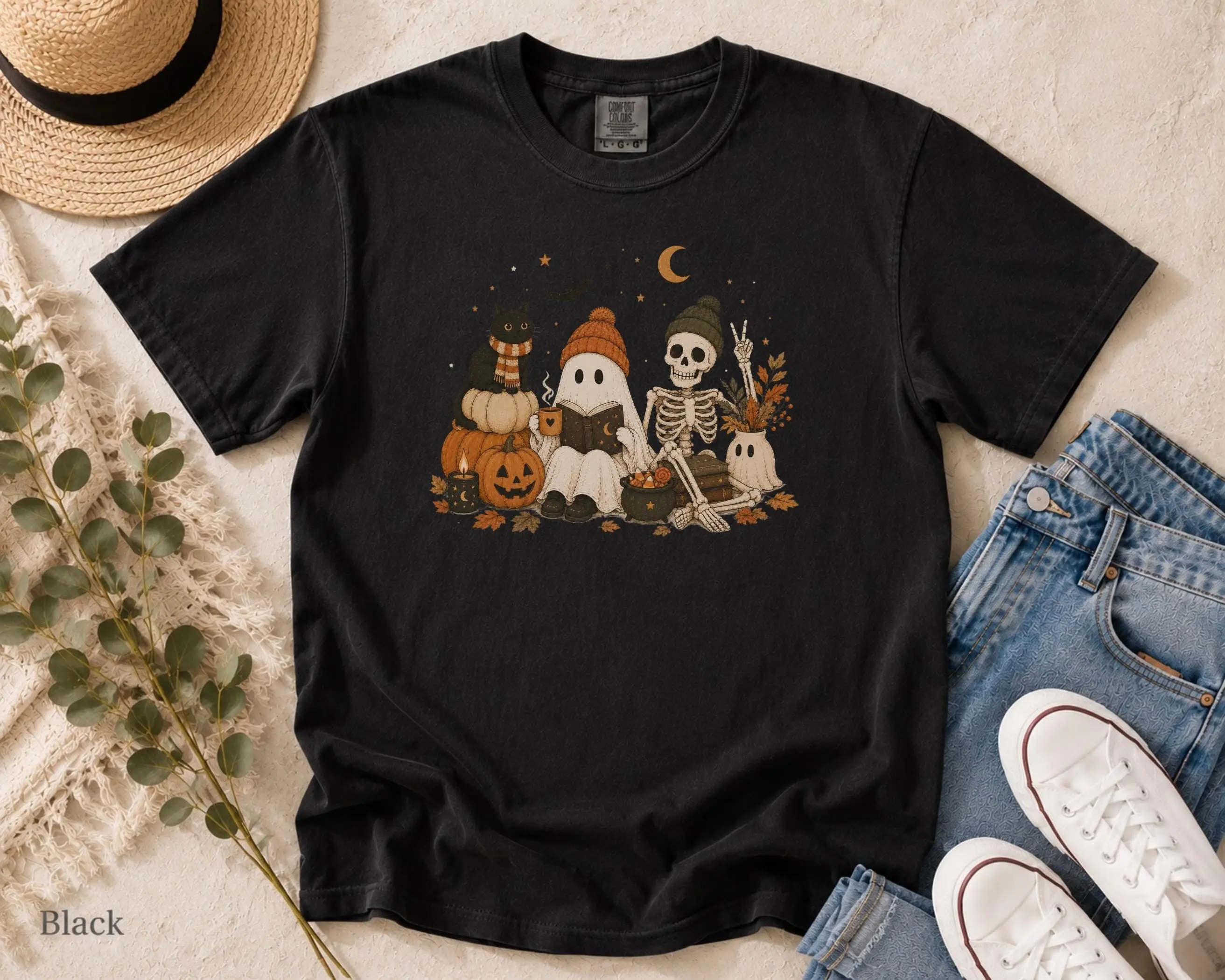 Skeleton Shirt, Ghost Halloween Tee, Cozy Fall Spooky Season Graphic Top - photo 3