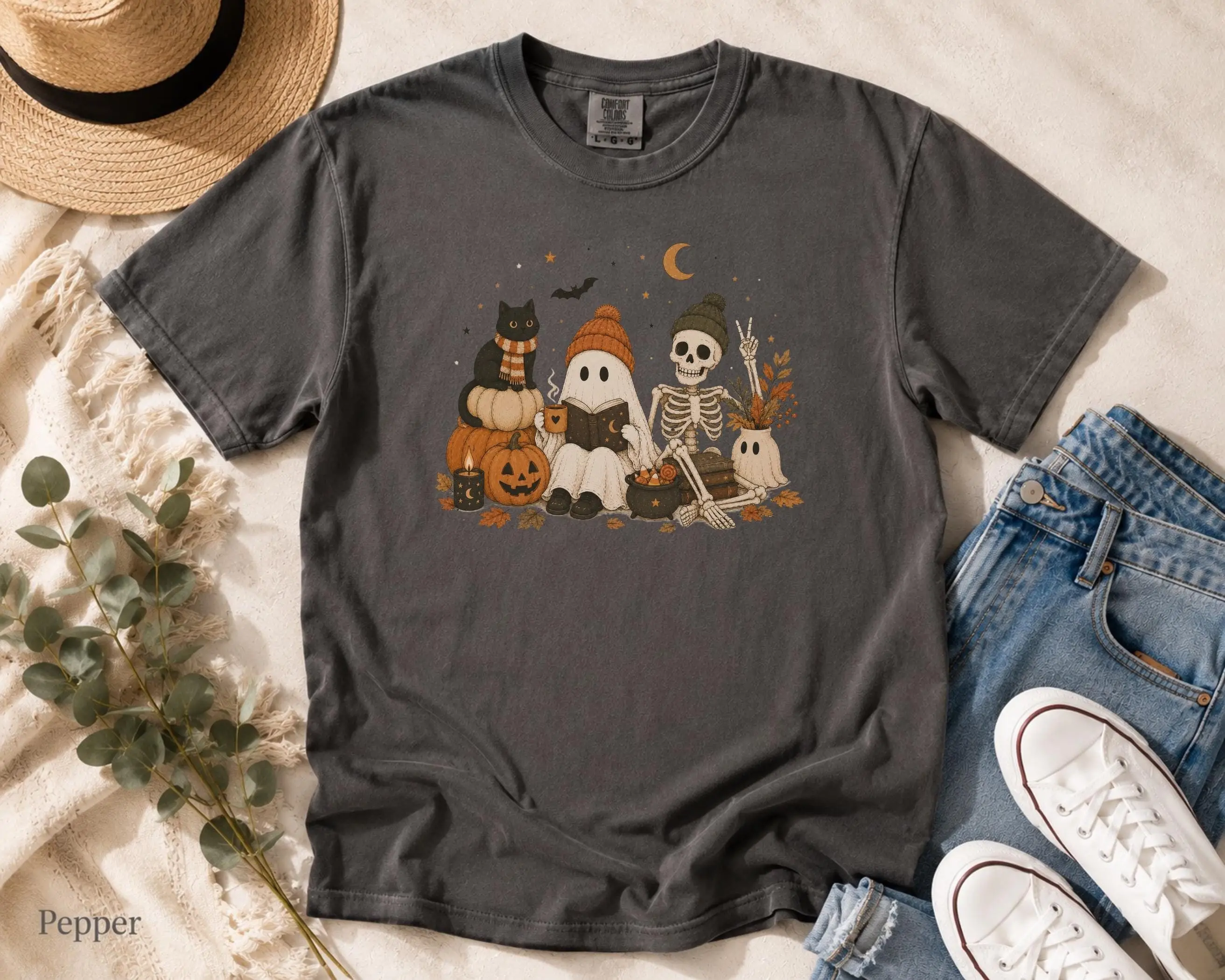 Skeleton Shirt, Ghost Halloween Tee, Cozy Fall Spooky Season Graphic Top - photo 4