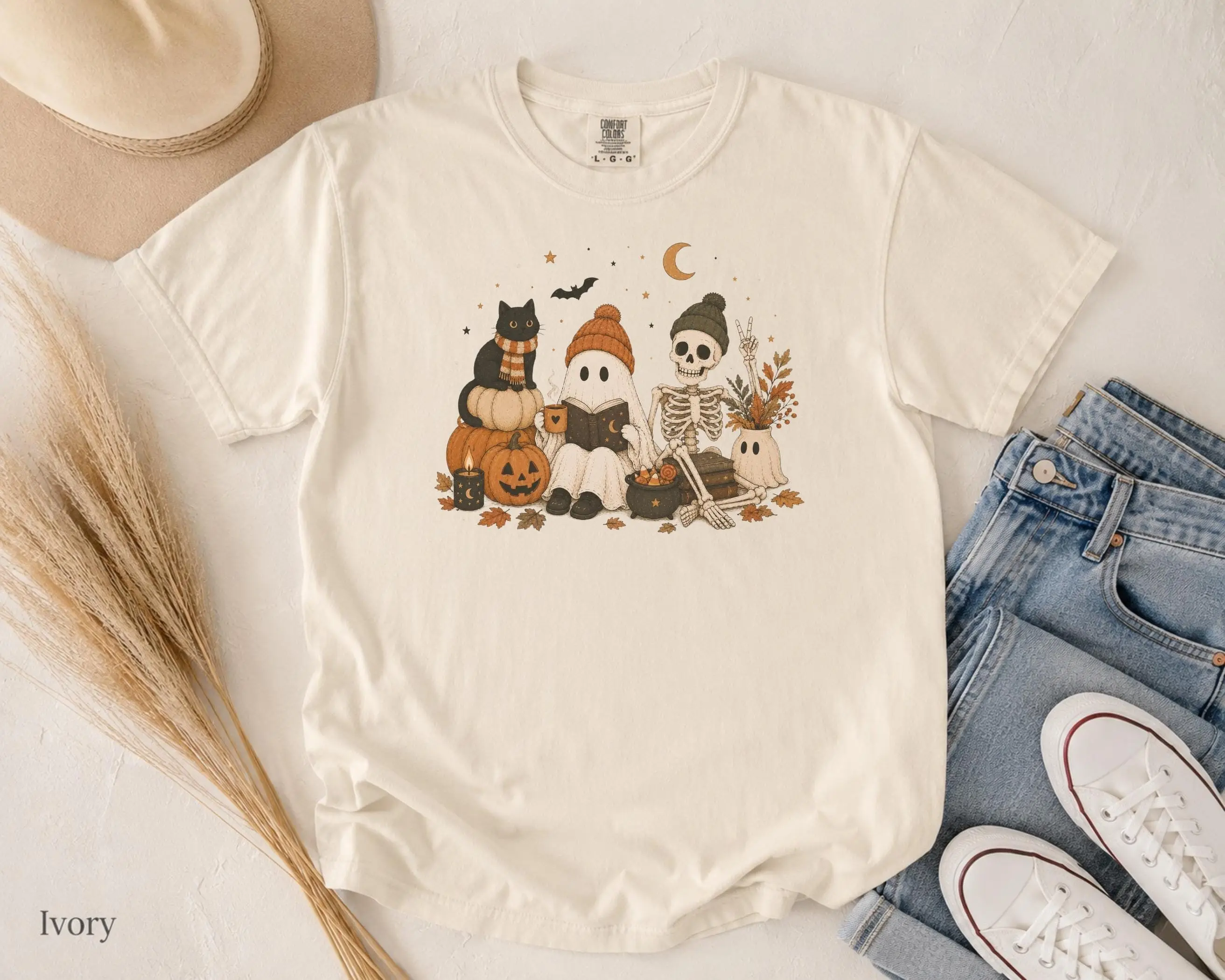 Skeleton Shirt, Ghost Halloween Tee, Cozy Fall Spooky Season Graphic Top - photo 5