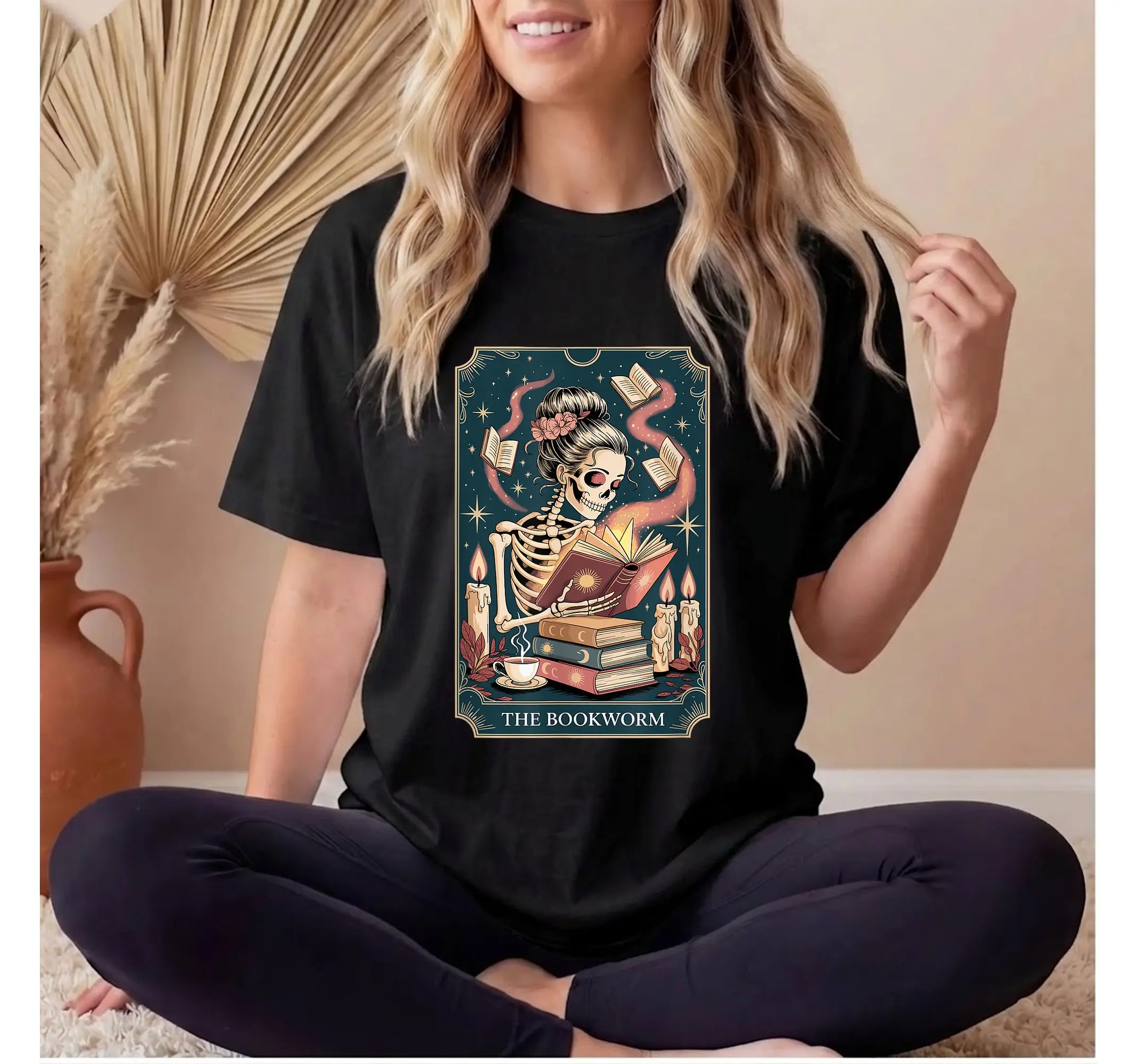 Skeleton Tarot Card Graphic Tee, Dark Academia Goth Book Lover Vintage Reading Shirt