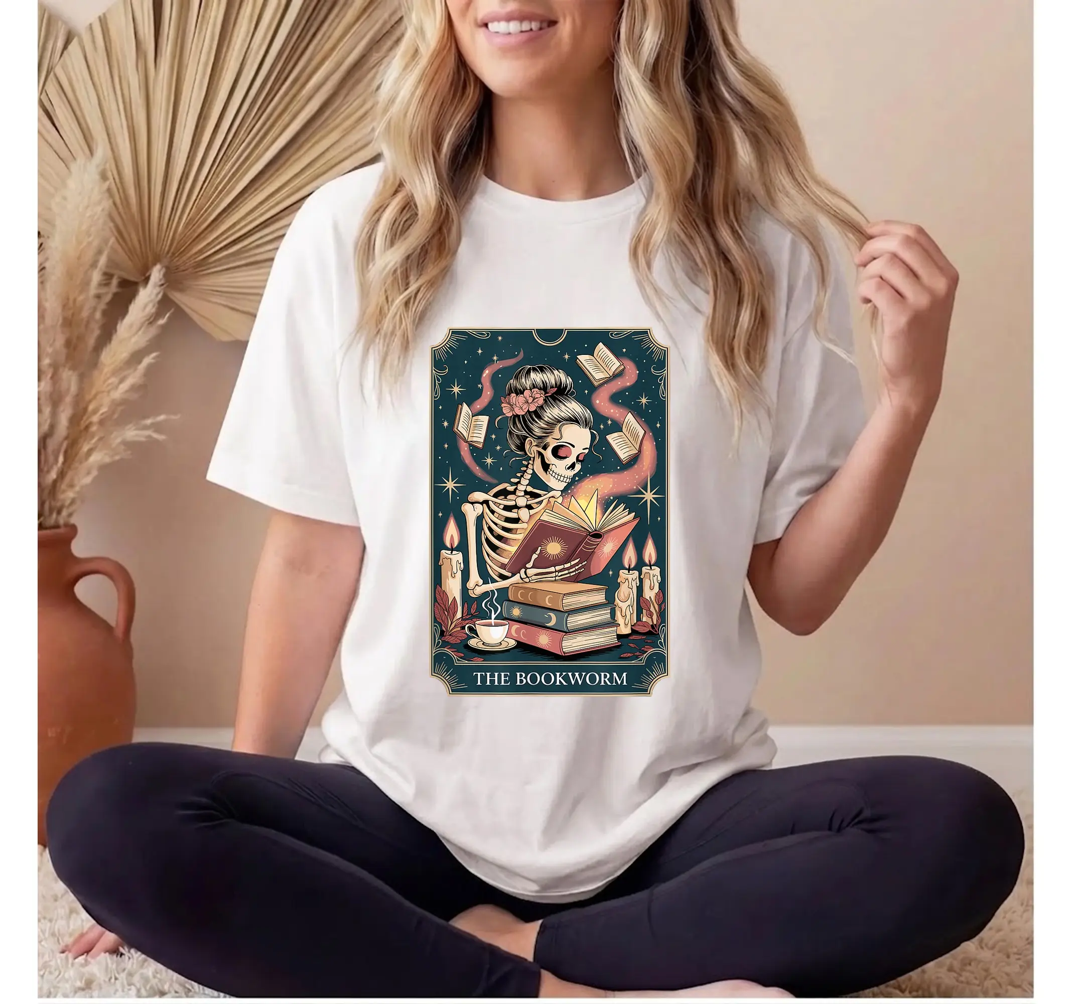 Skeleton Tarot Card Graphic Tee, Dark Academia Goth Book Lover Vintage Reading Shirt - photo 2
