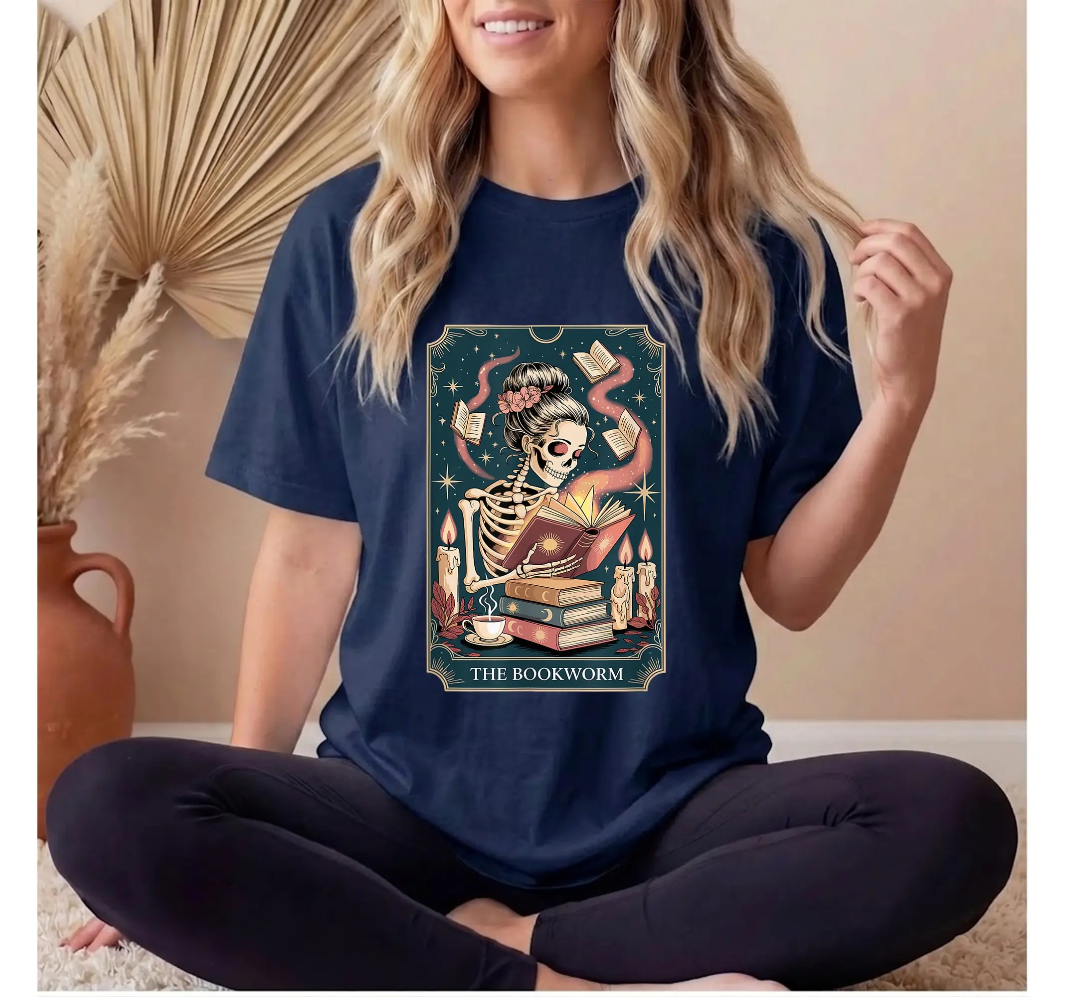 Skeleton Tarot Card Graphic Tee, Dark Academia Goth Book Lover Vintage Reading Shirt - photo 3
