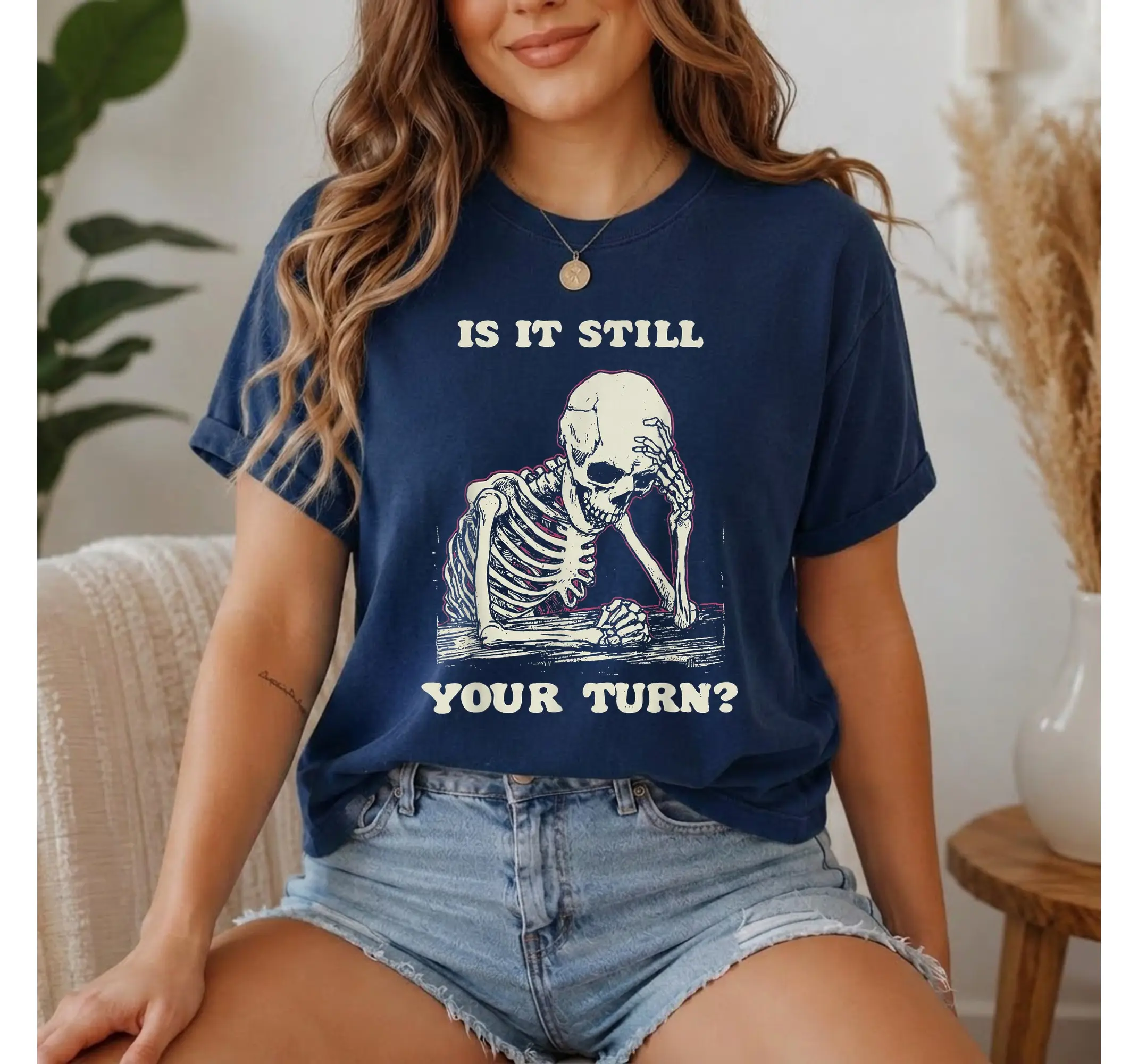 Skeleton Waiting Meme T-Shirt, Funny Is It Still Your Turn Sarcastic Gamer Graphic Tee - photo 2
