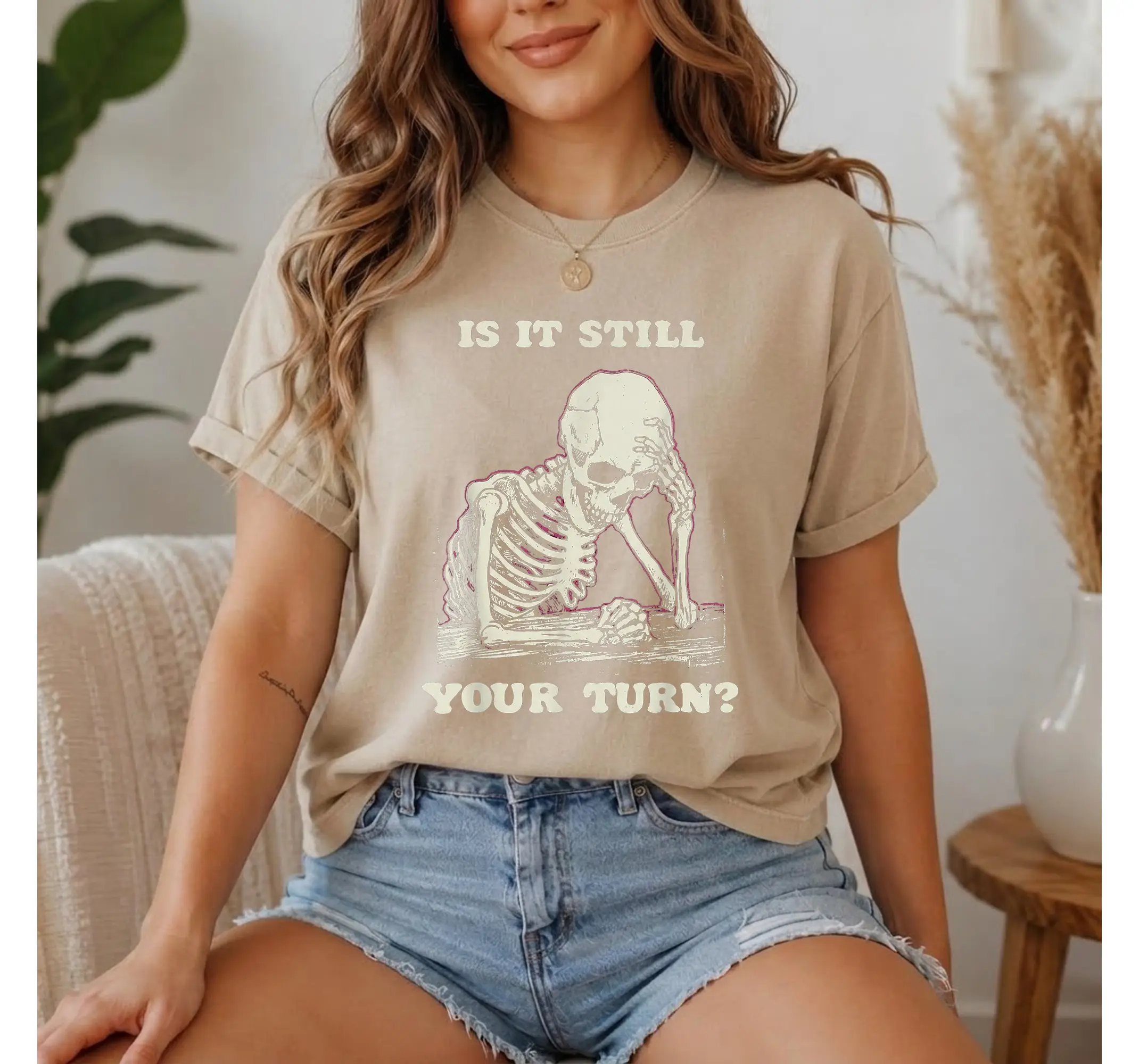 Skeleton Waiting Meme T-Shirt, Funny Is It Still Your Turn Sarcastic Gamer Graphic Tee - photo 4