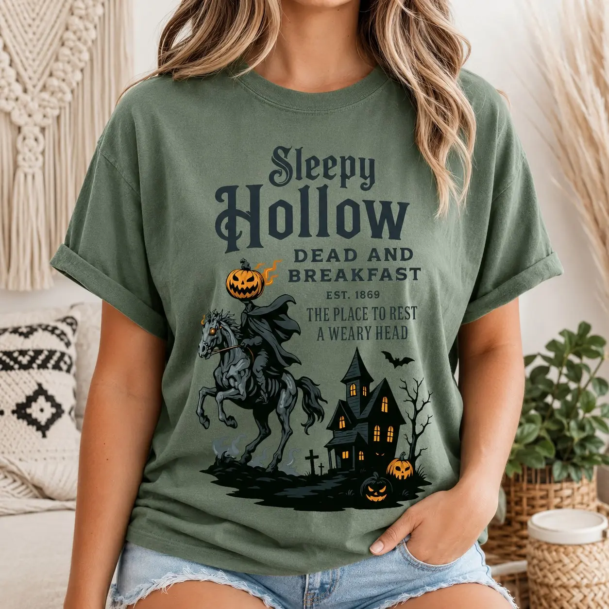 Sleepy Hollow Dead and Breakfast Comfort Colors Shirt, Vintage Headless Horseman Graphic Tee, Spooky Haunted House October Outfit