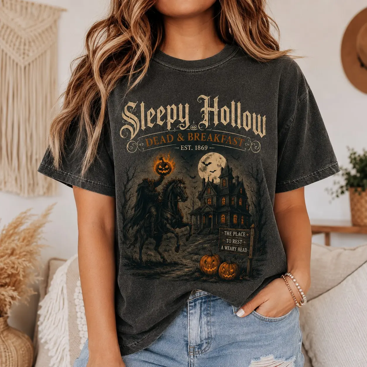 Comfort Colors Sleepy Hollow Dead and Breakfast Shirt, Vintage Headless Horseman Gothic Halloween Tee