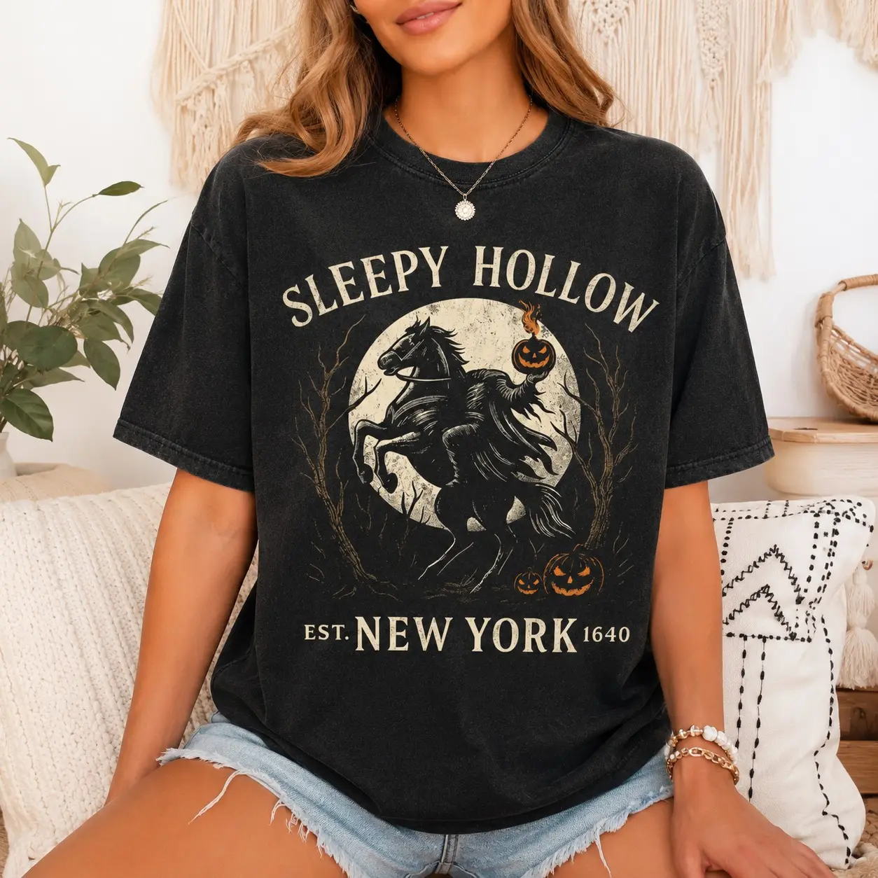 Sleepy Hollow New York Est 1640 Shirt, Comfort Colors Headless Horseman Full Moon Tee, Vintage Spooky Pumpkin Rider Top