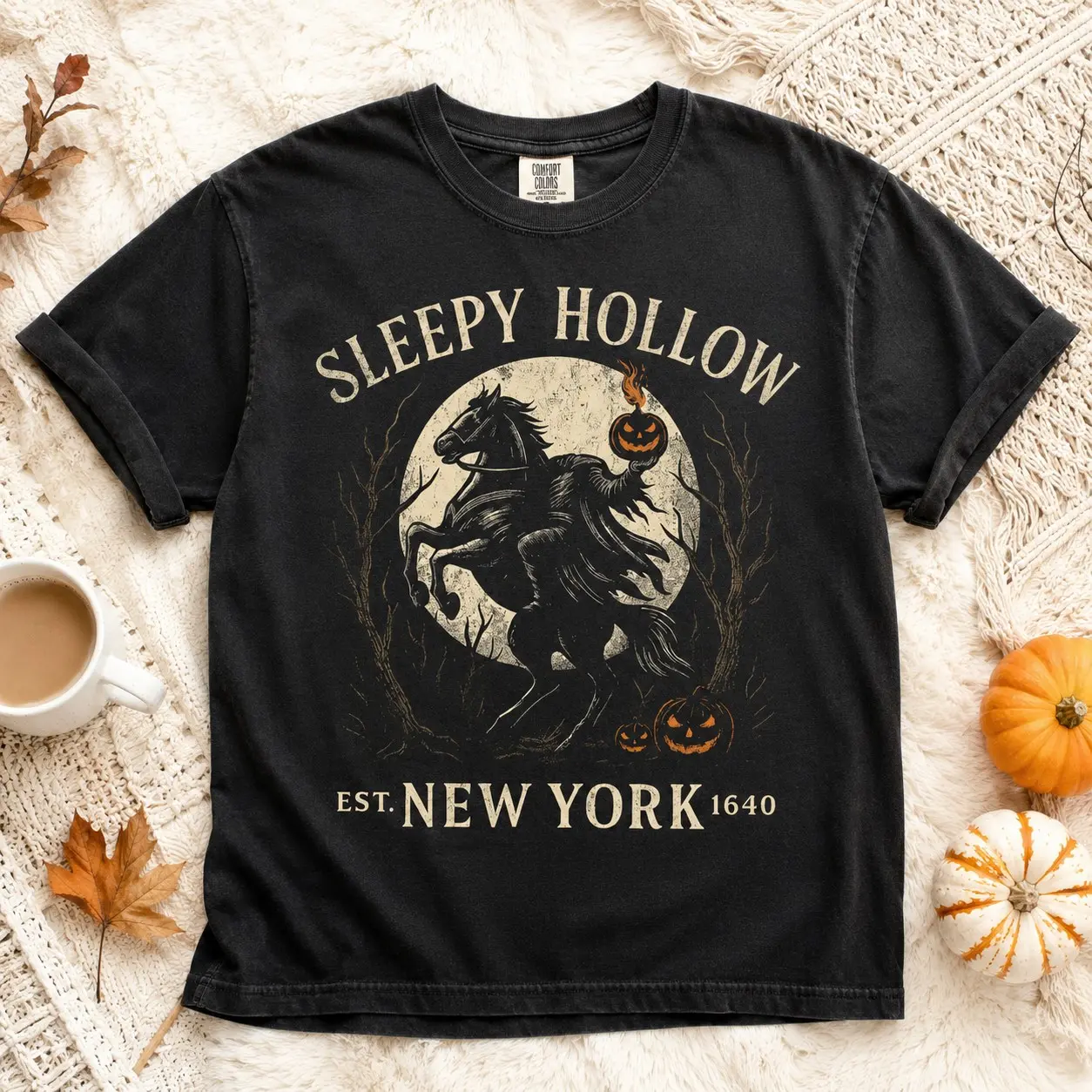 Sleepy Hollow New York Est 1640 Shirt, Comfort Colors Headless Horseman Full Moon Tee, Vintage Spooky Pumpkin Rider Top - photo 2