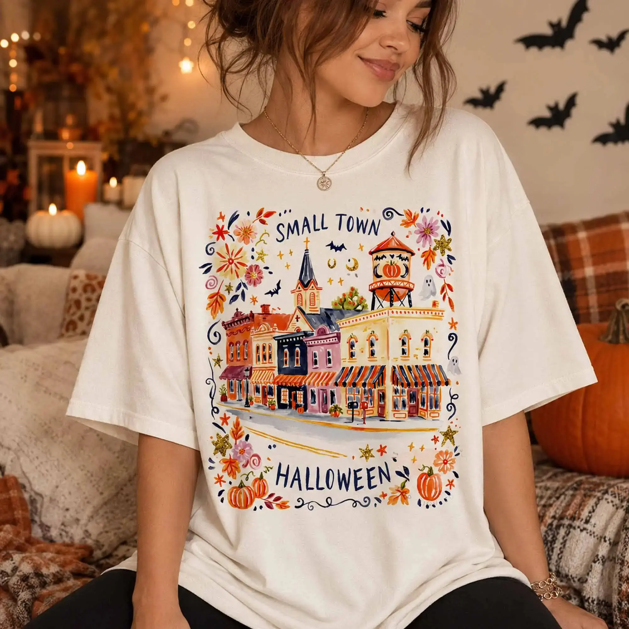 Comfort Colors Small Town Halloween Tee, Country Spooky Village Fall Season Graphic Shirt
