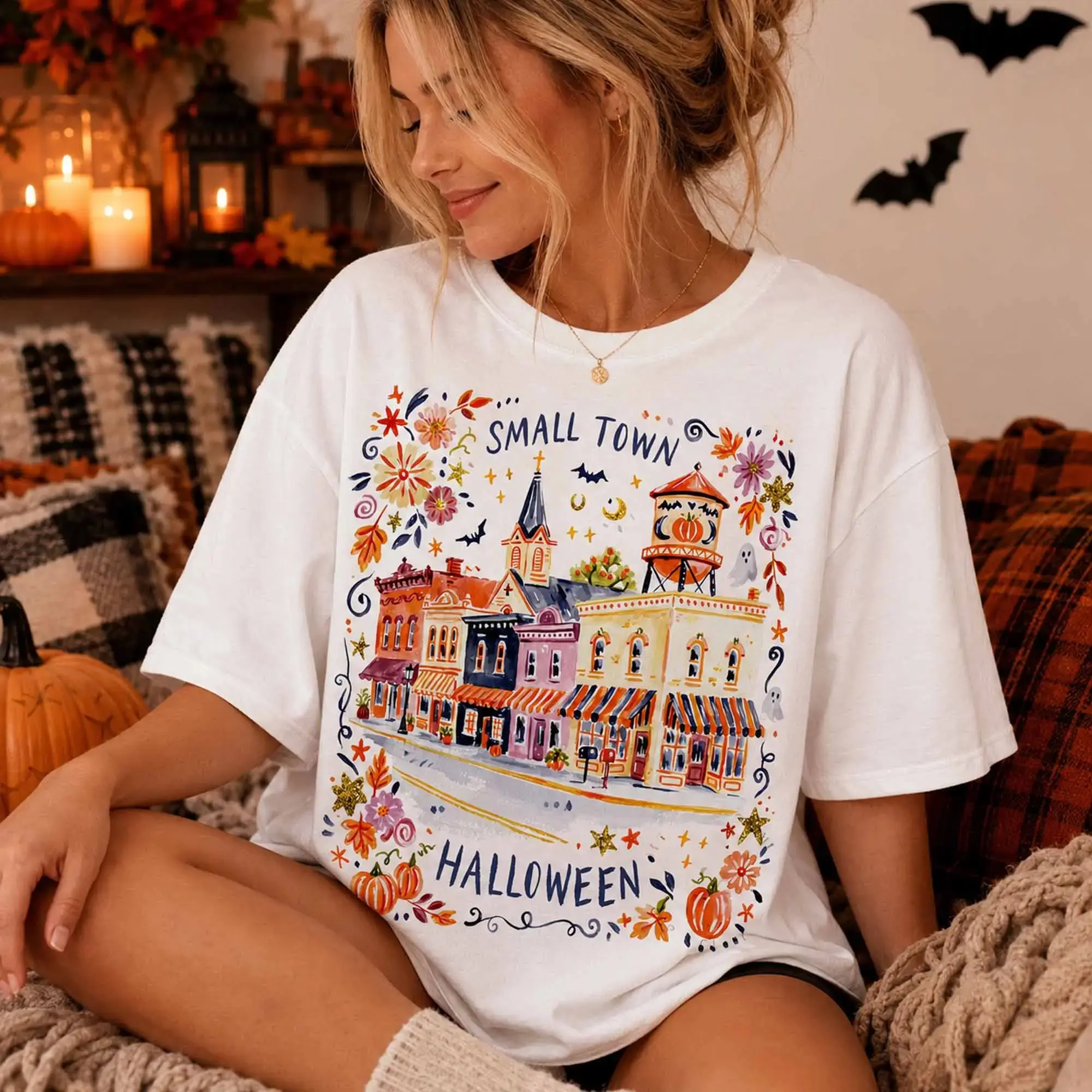 Comfort Colors Small Town Halloween Tee, Country Spooky Village Fall Season Graphic Shirt - photo 2